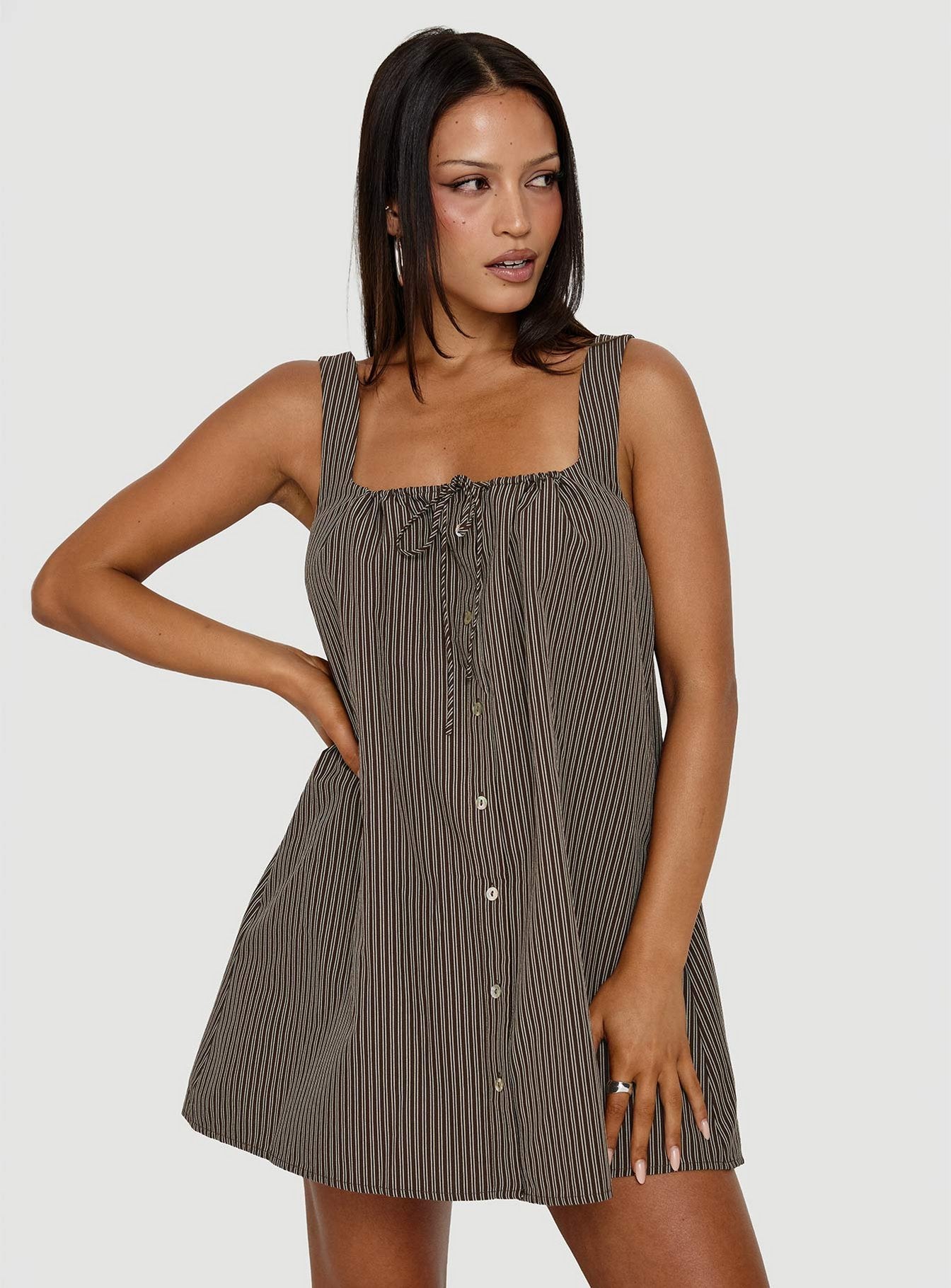 Bambalina Babydoll Mini Dress Brown Stripe