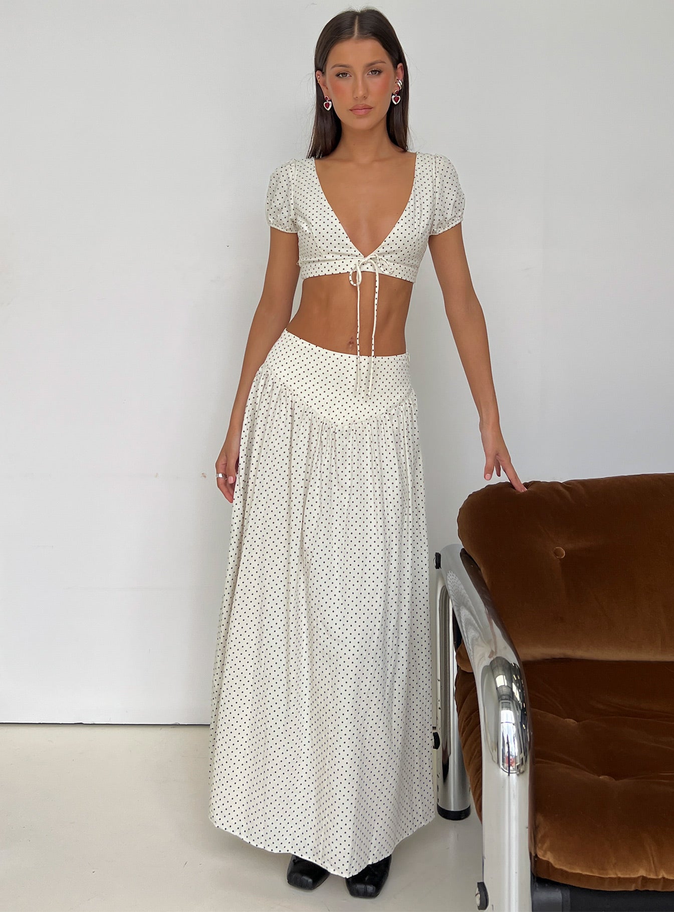 Alletta Drop Waist Maxi Skirt Cream Polka Dot