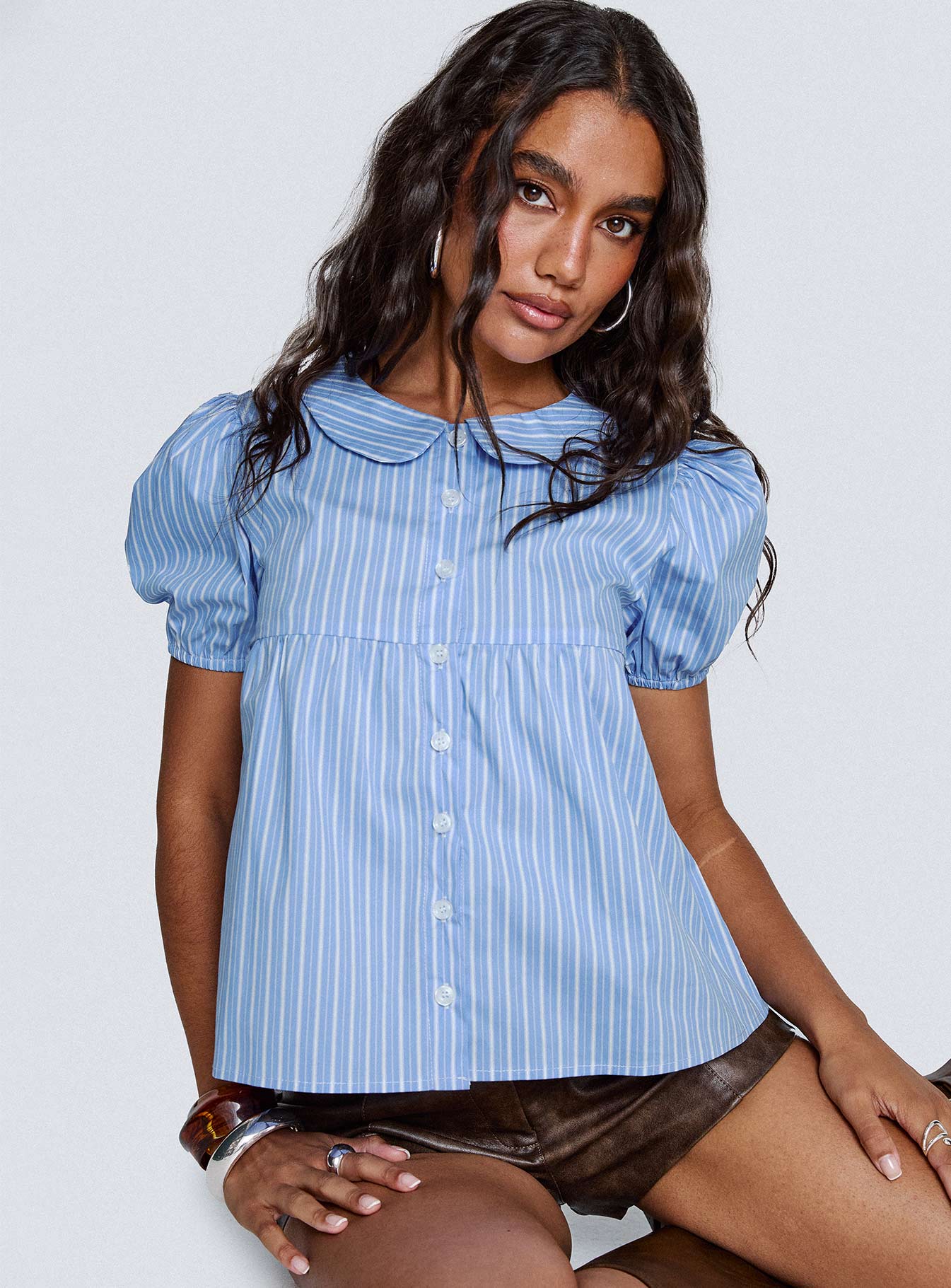 Capitale Collared Top Blue Stripe