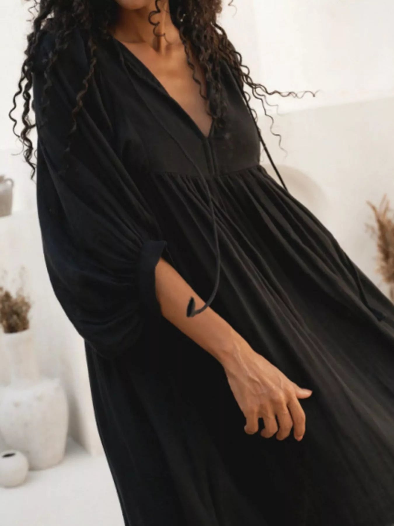 Tie Neck 3/4 Sleeve Midi Dress