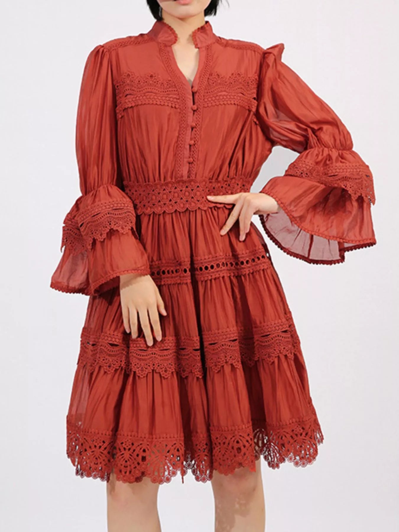 Ruffle Lace Trim Long Sleeve Dress