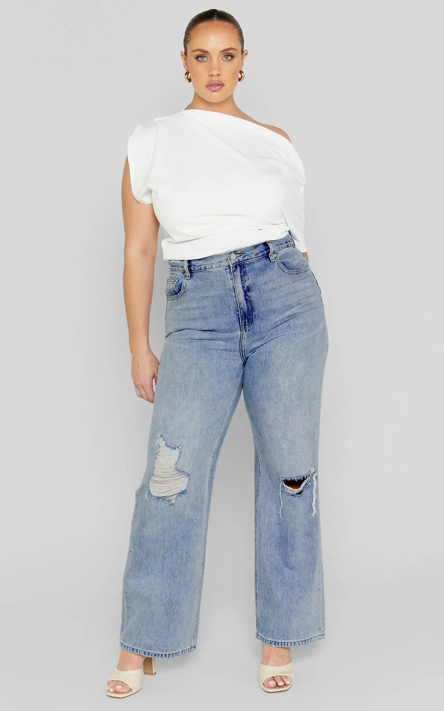 Miho Jeans - High Waisted Recycled Cotton Distressed Straight Leg Denim Jeans in Mid Blue Wash