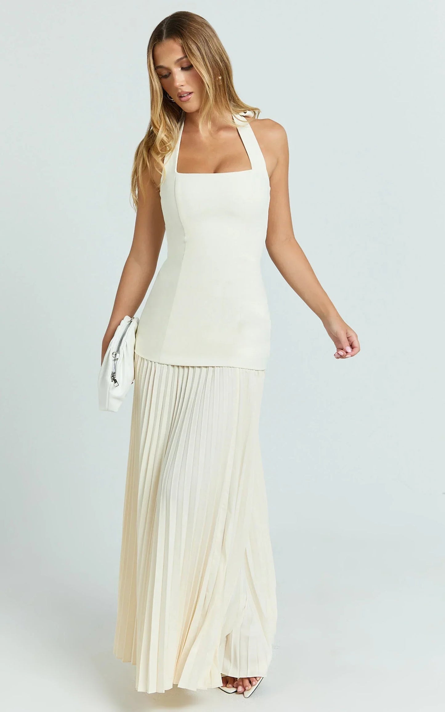 Loretta Maxi Dress - Contrast Halter Neck Pleated Dress in Pastel Yellow