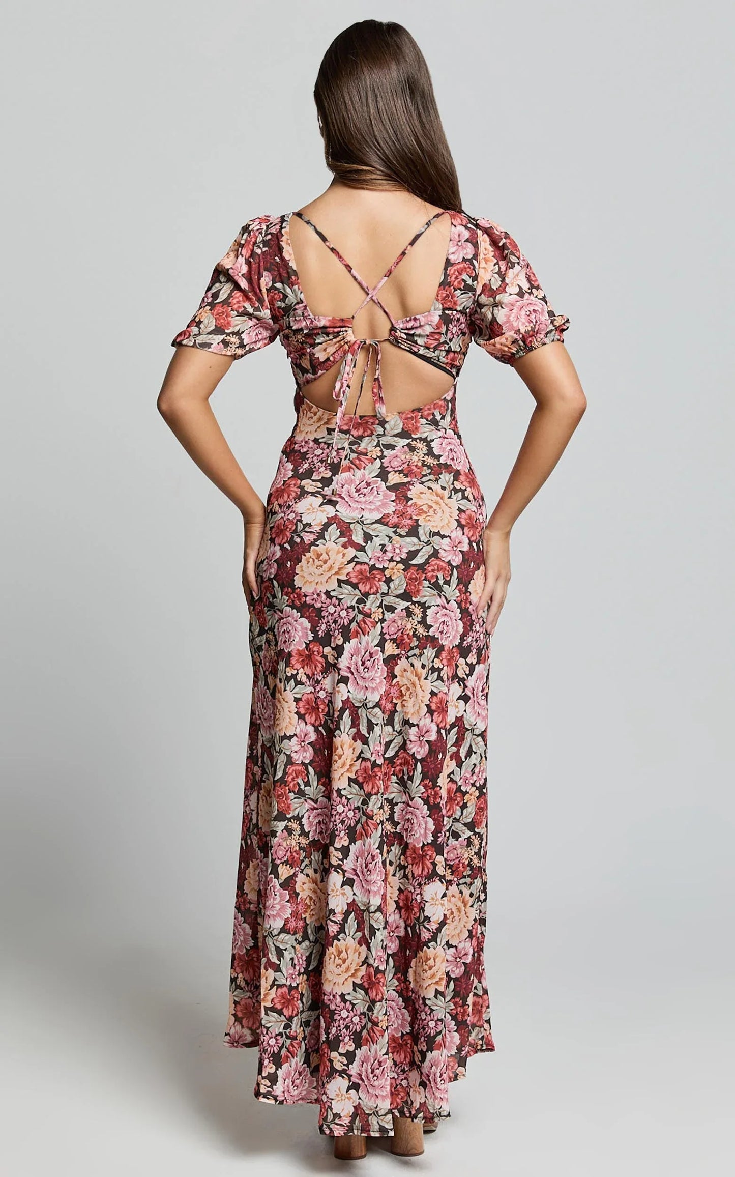 Lorie Maxi Dress - Short Sleeve Cut Out Tie Back Dress in Boheme Floral