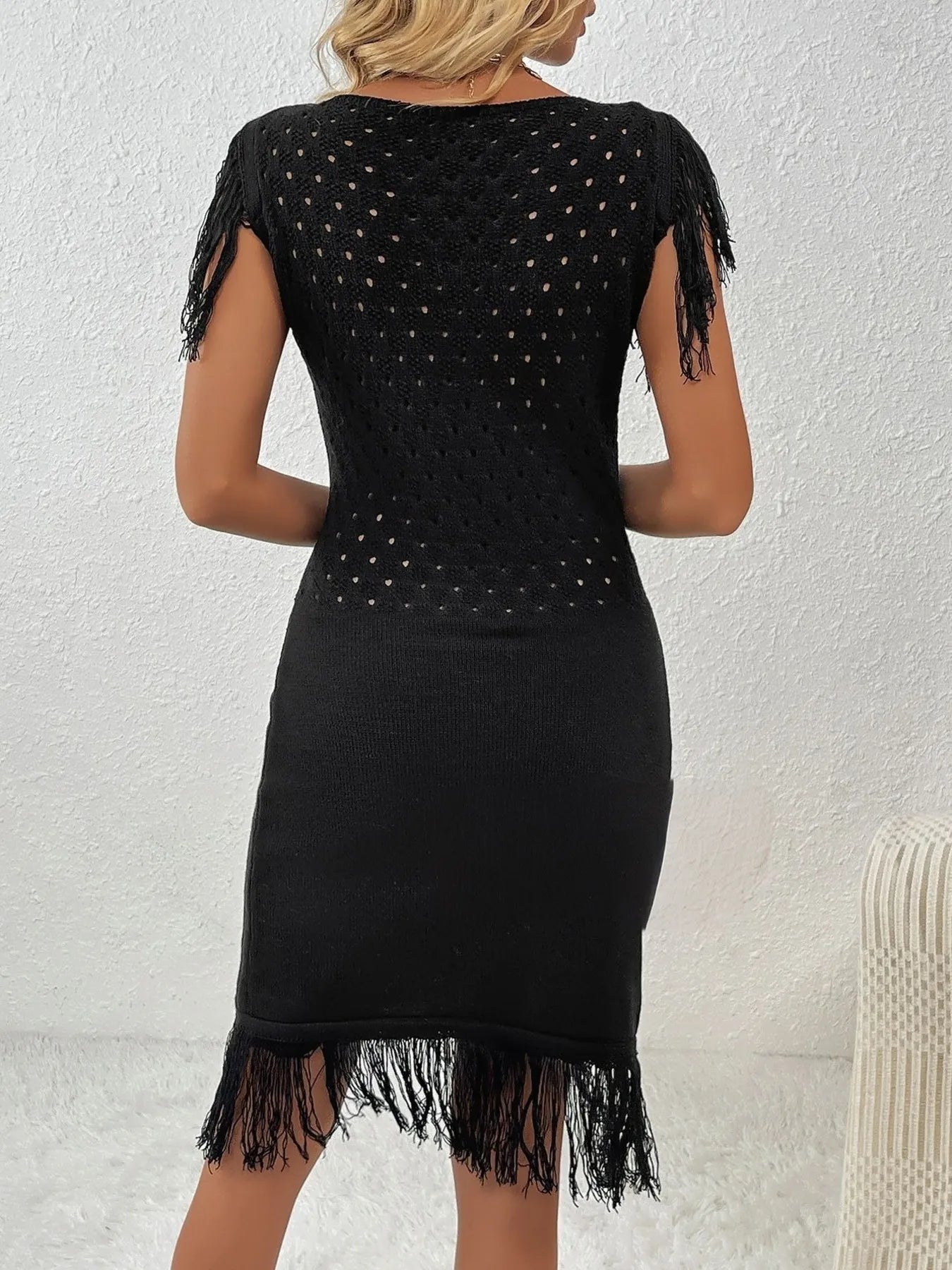 Fringe Crochet Boat Neck Sweater Dress