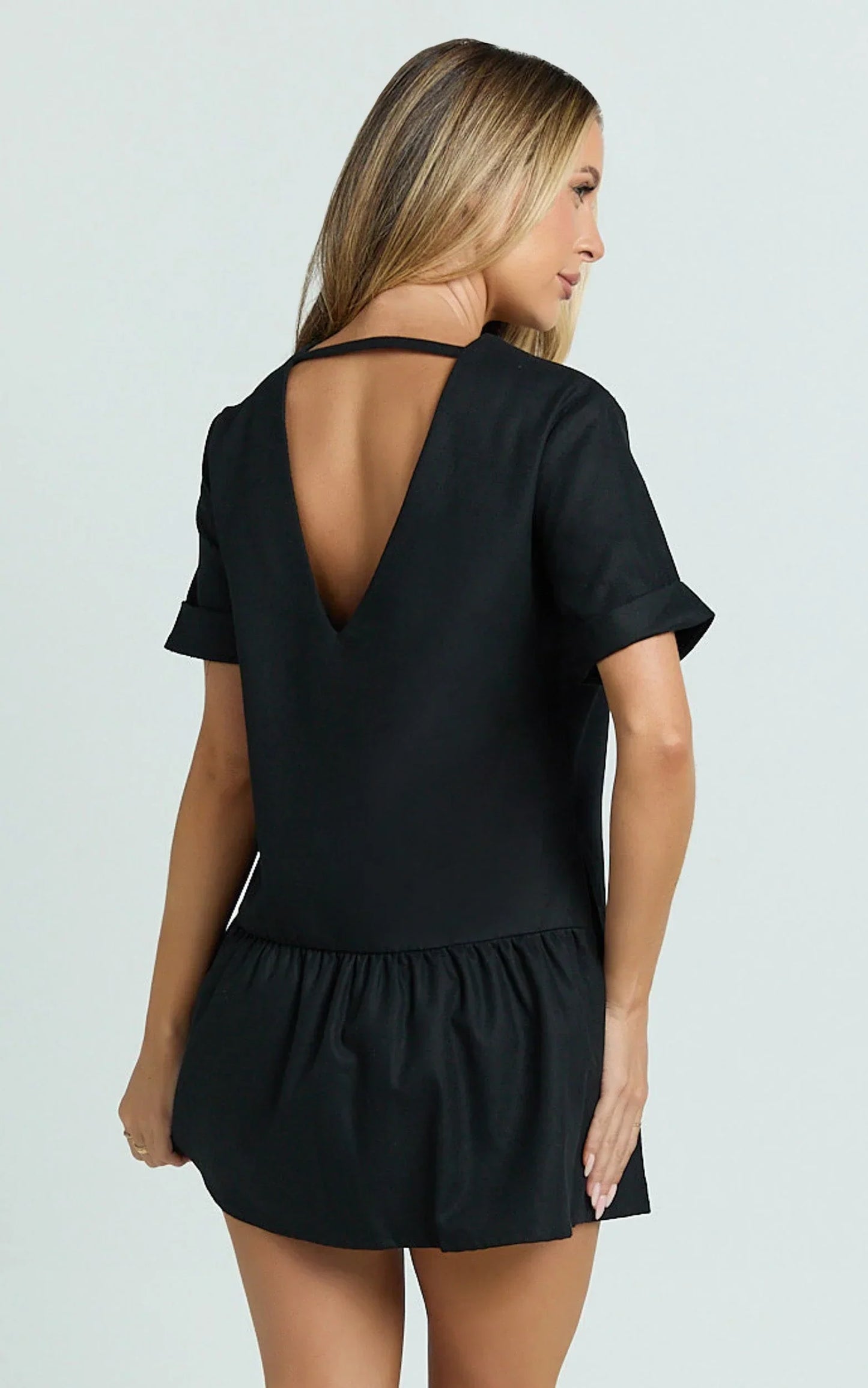 Lyons Mini Dress - High Neck Short Sleeve Drop Waist Gathered Skirt Dress in Black