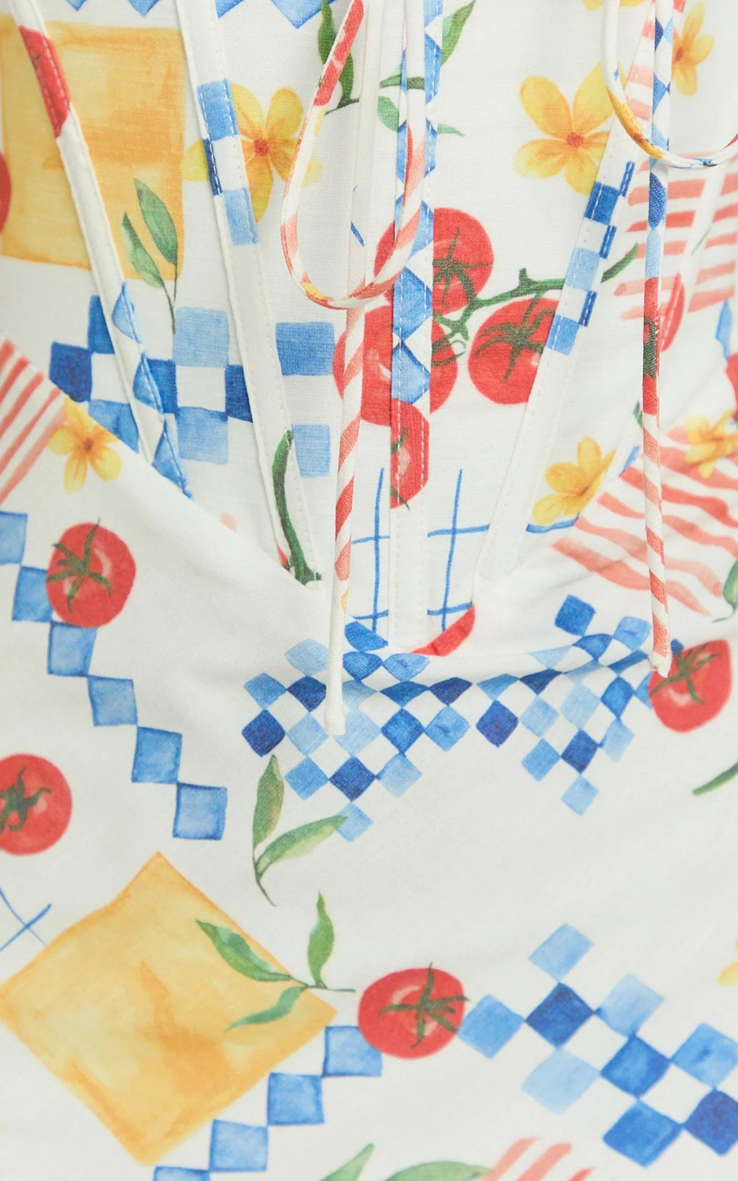 Mikayla Midi Dress - Linen Scoop Neck Ruched Bust Corset Waist Bias Skirt Dress in Pomodoro Paradise Print