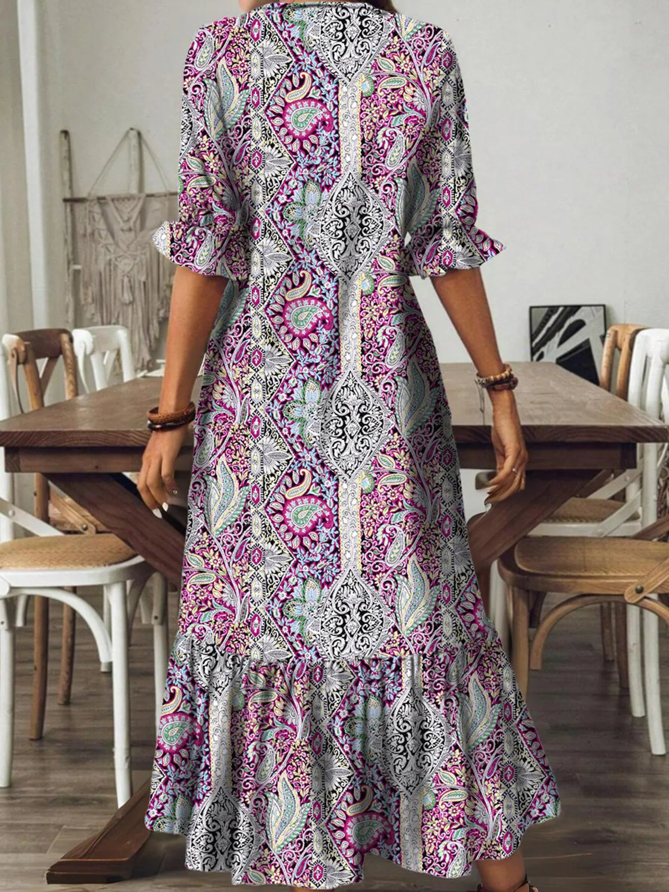 Full Size Bohemian Paisley Print V-Neck Midi Dress Plus Size