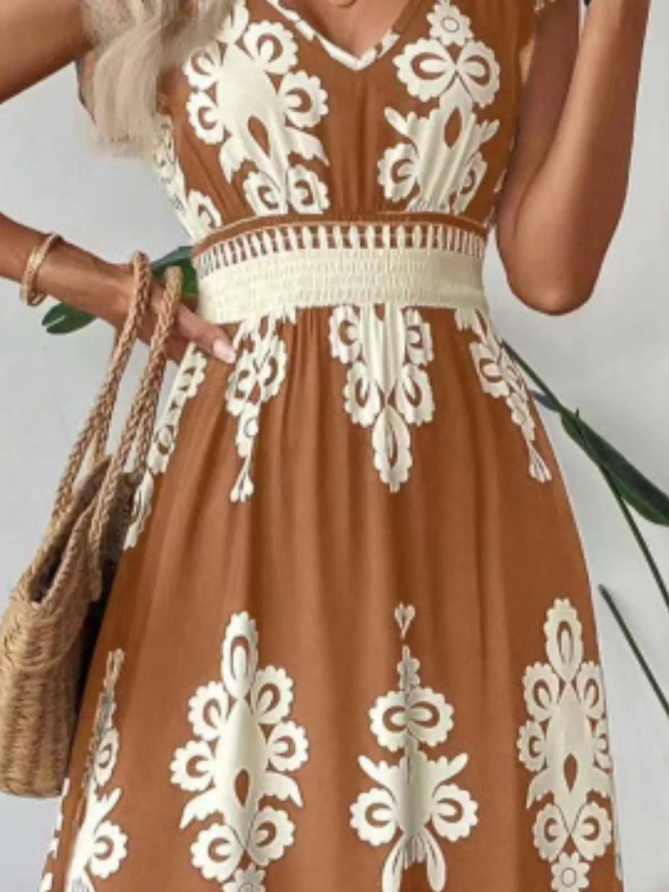Printed V-Neck Ruffled Cap Sleeve Dress