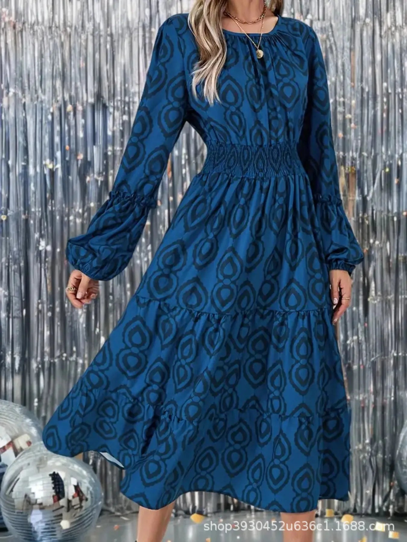 Printed Round Neck Balloon Sleeve Dress