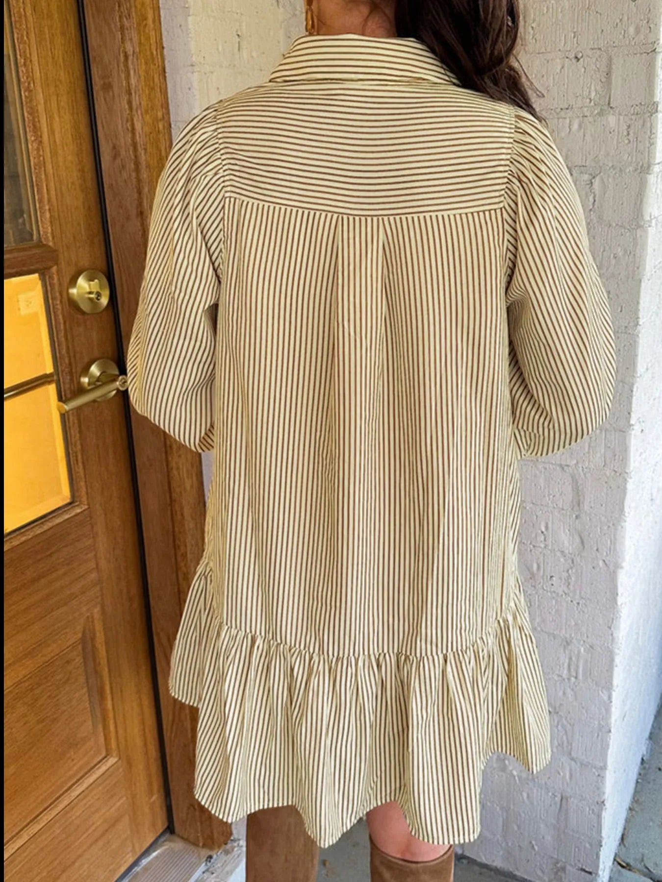 Stripe Collared Neck Cuffed Long Sleeve Drop Waist Mini Dress