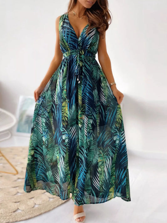 Leaf Print Sleeveless Maxi Dress