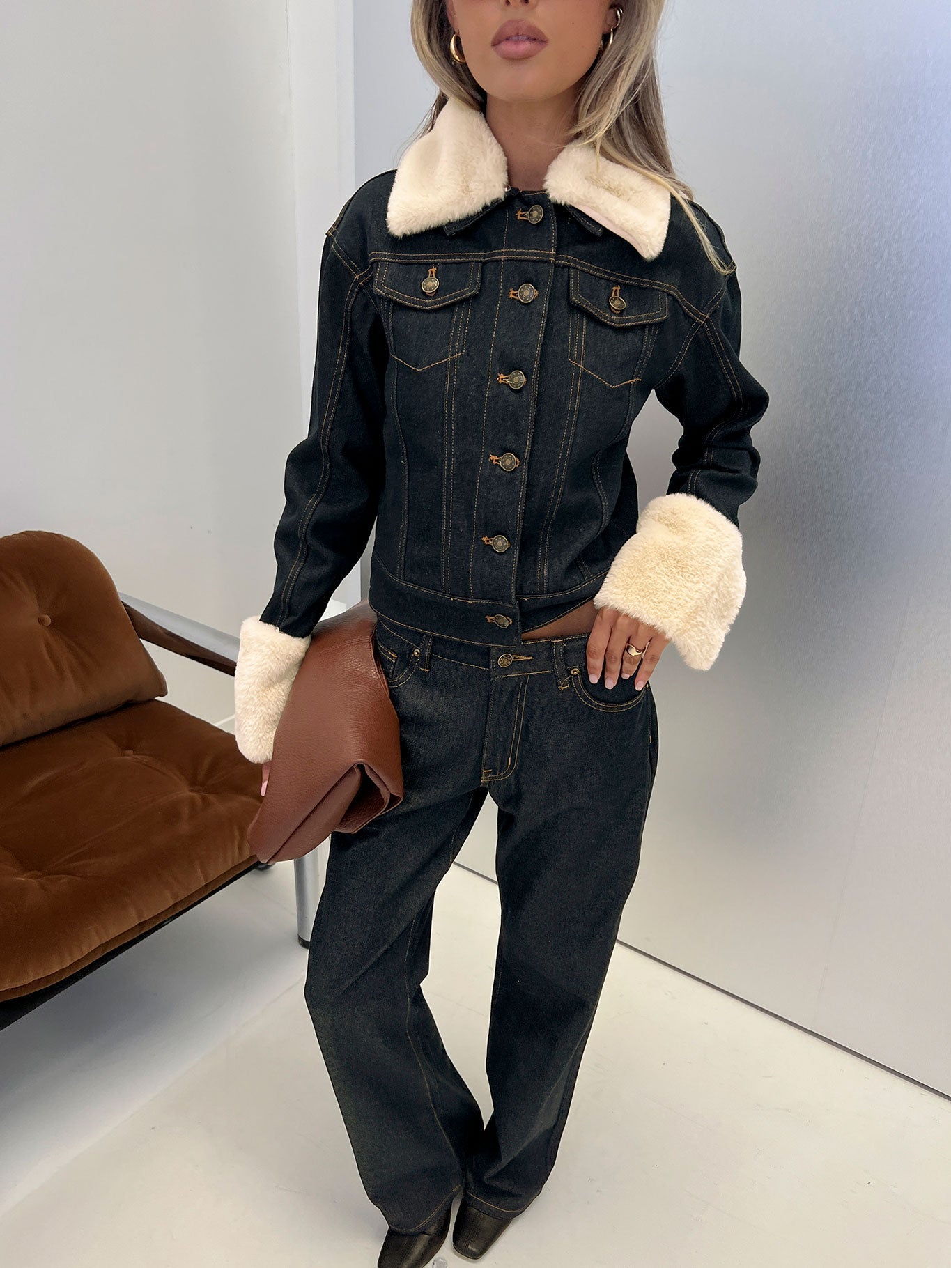Apres Faux Fur Trim Denim Jacket Indigo