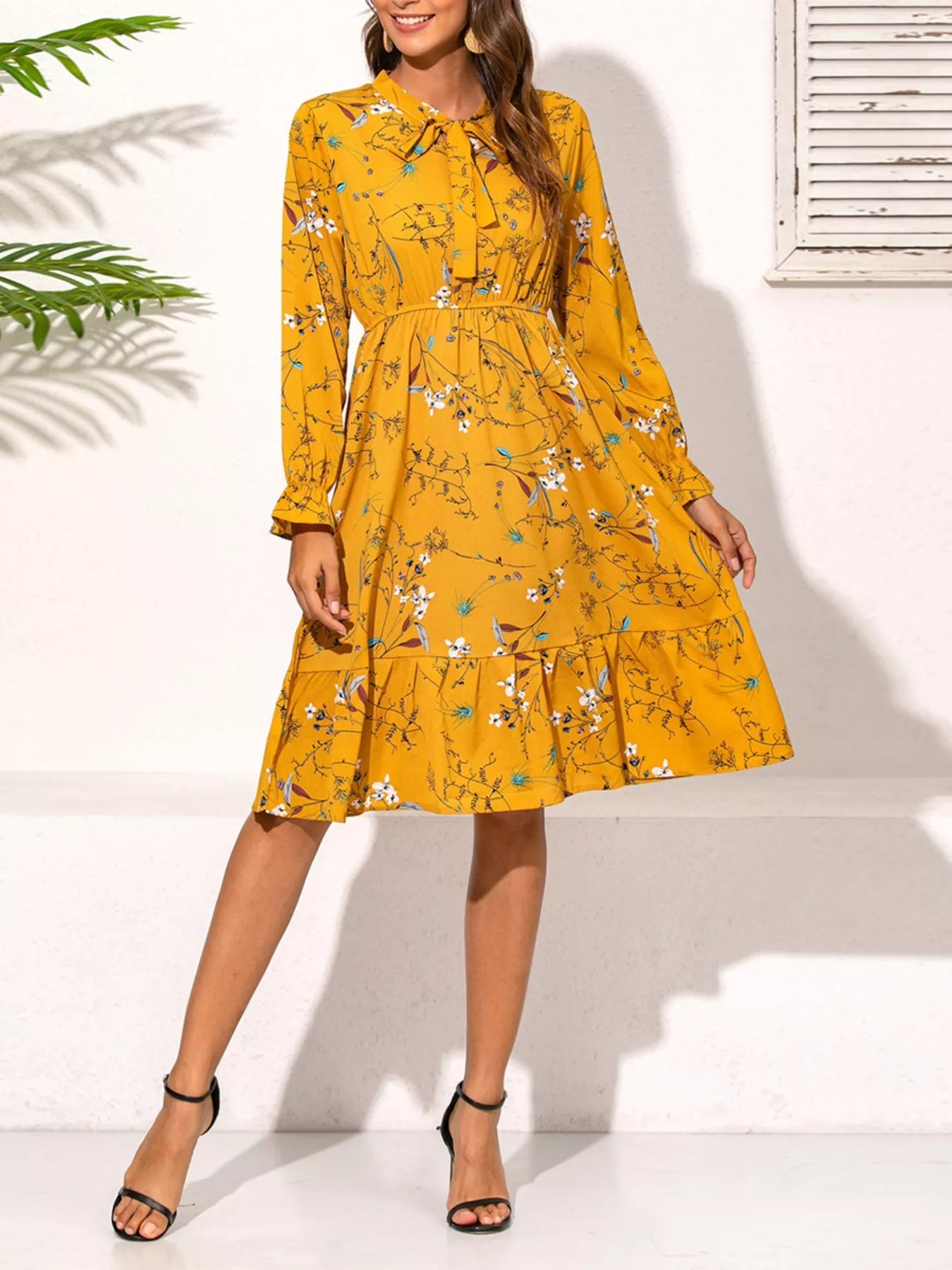 Ruffled Hem Floral Print Long Sleeve Dress