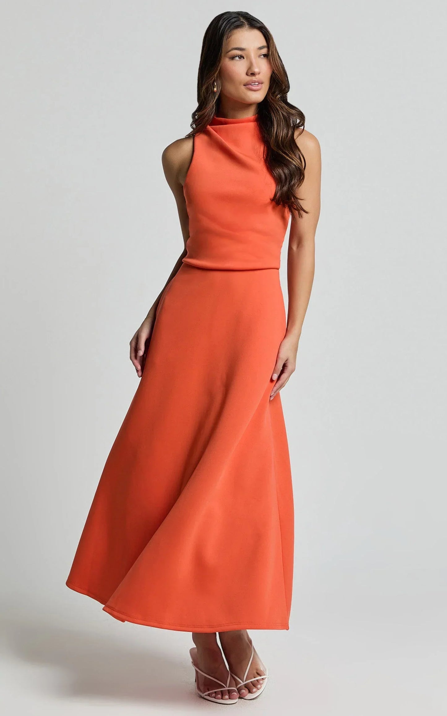 Macy Midi Dress - High Neck A Line Dress in Orange