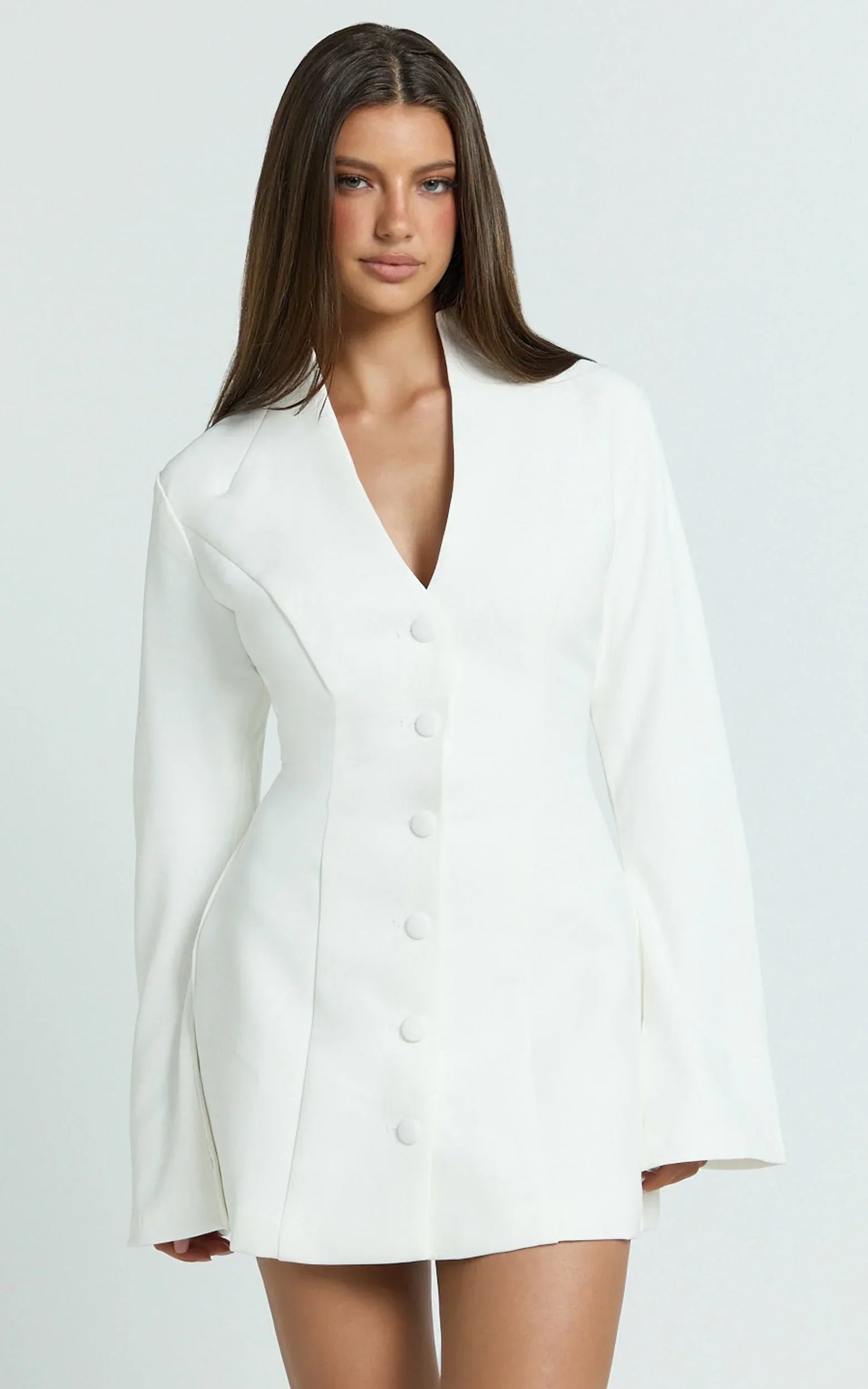 Layton Mini Dress - V Neck Long Sleeve Button Front Tulip Skirt Dress in White