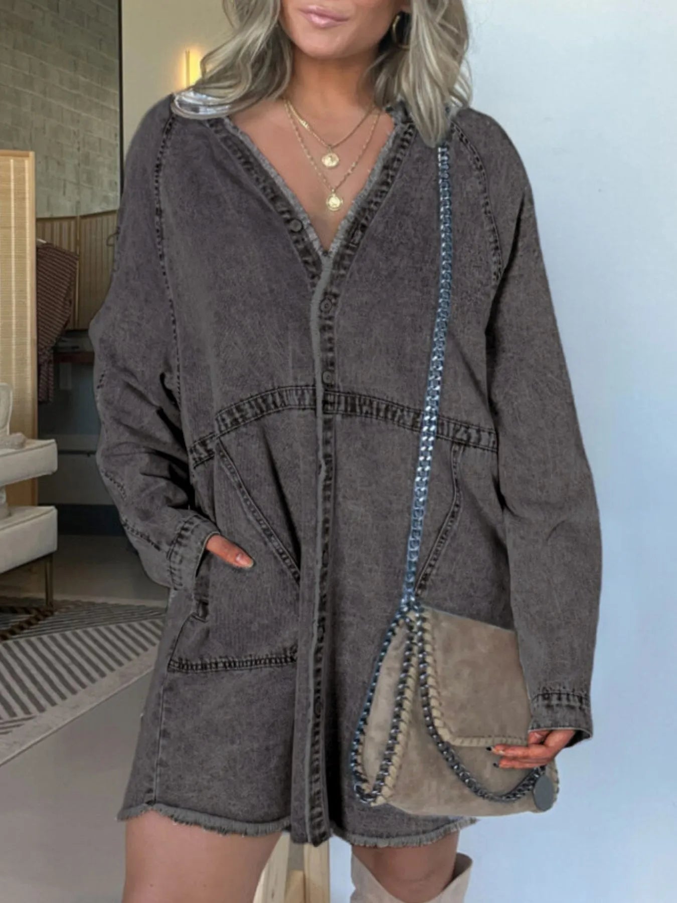 Full Size Button-Front Long Sleeve Denim Shirt Dress Plus Size