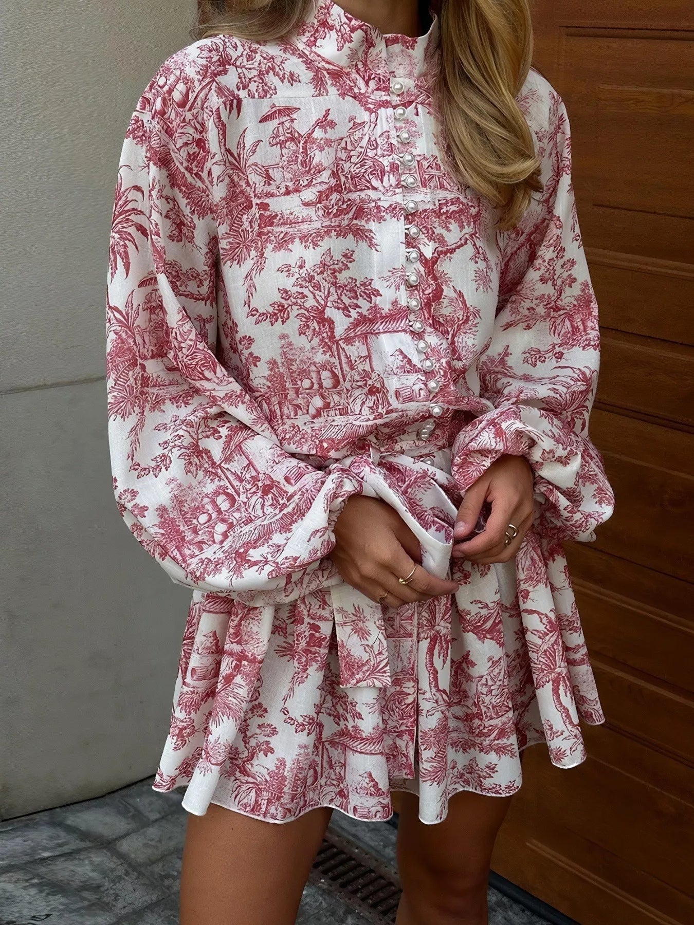 Printed Balloon Sleeve Tie Waist Dress