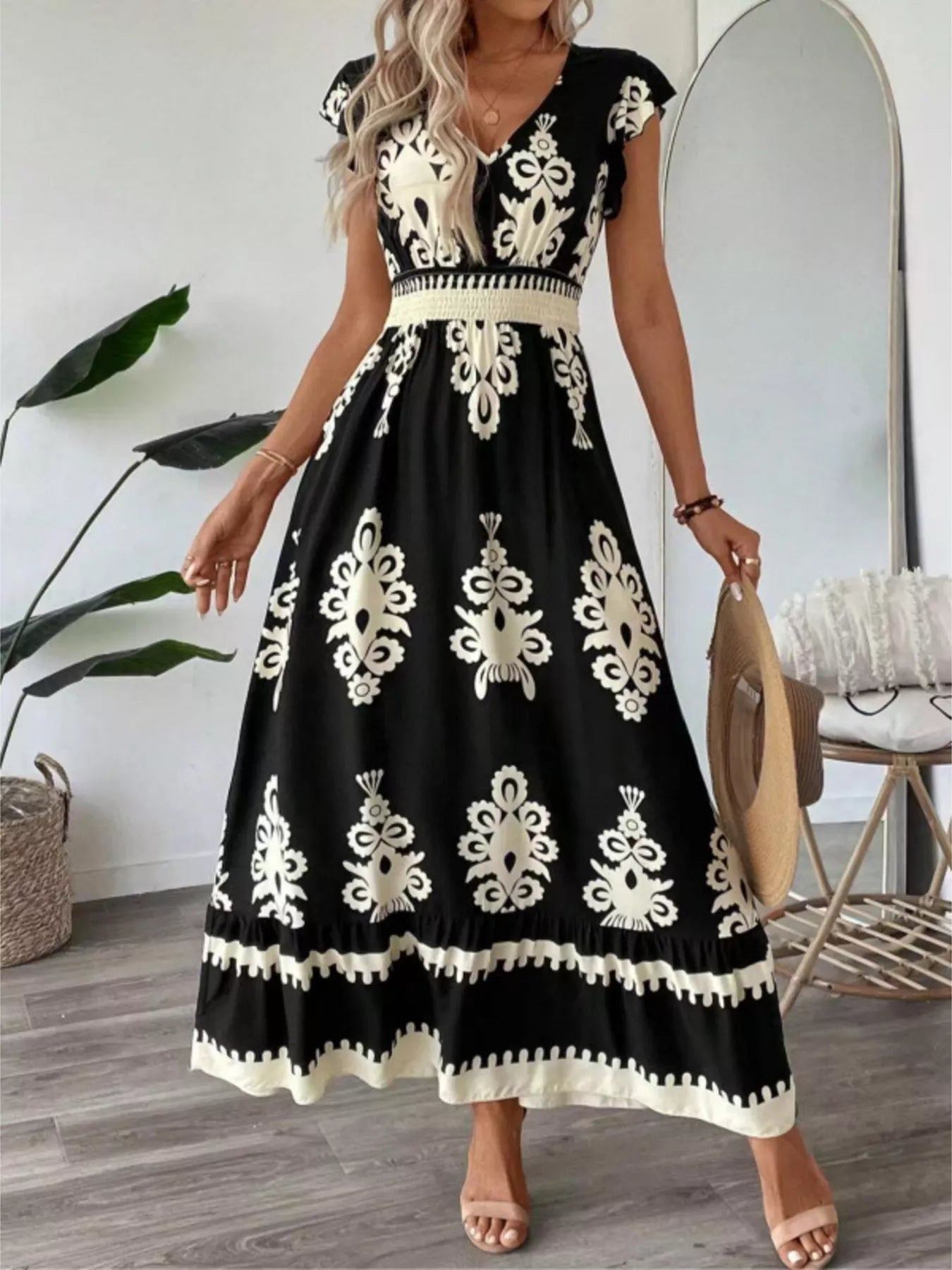 Printed V-Neck Ruffled Cap Sleeve Dress
