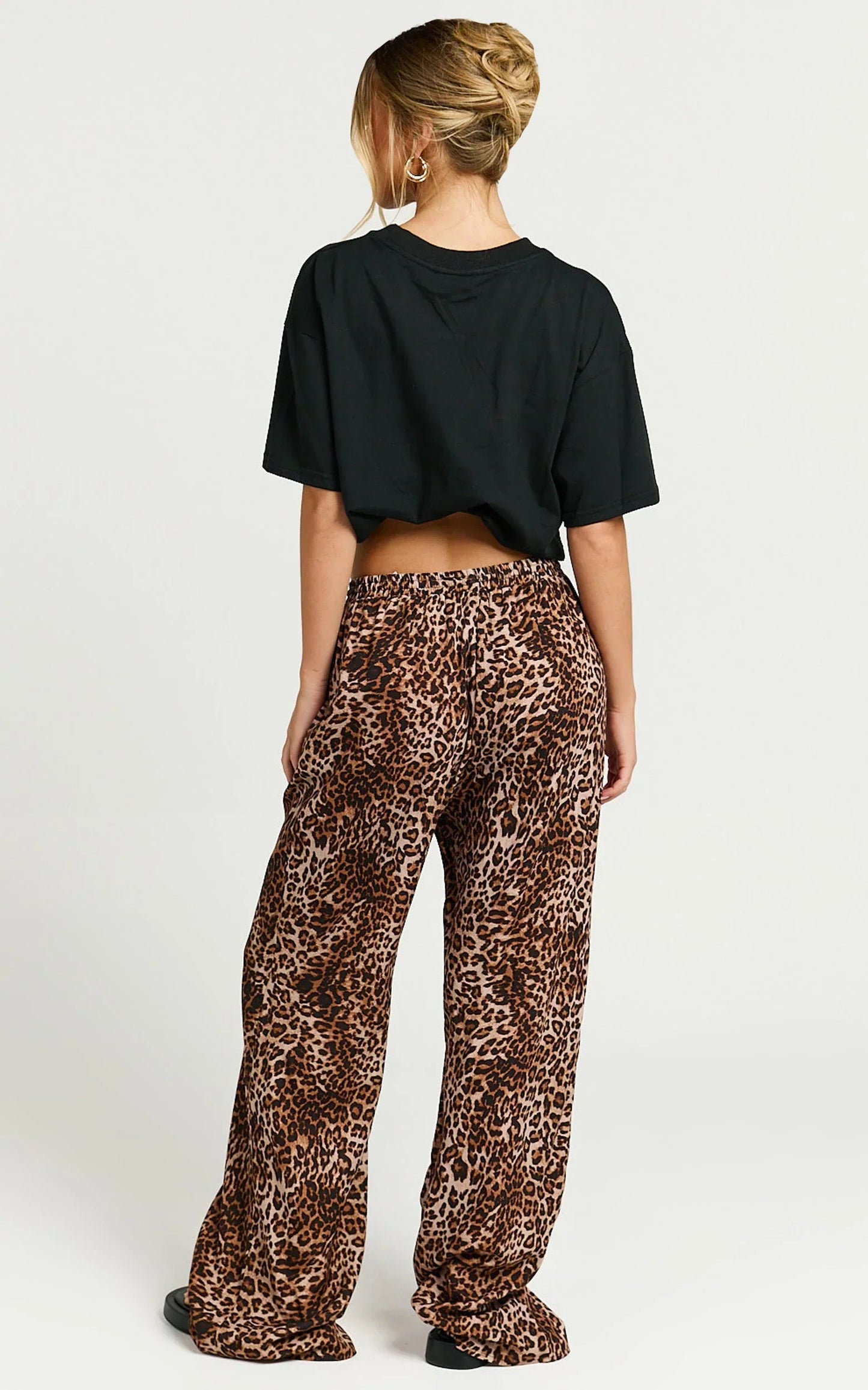 Lopez Linen Blend Pants - Elasticated Straight Leg Pants in Tonal Leopard Print