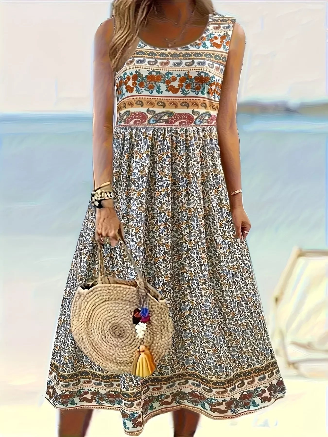 Plus Size Floral Print Sleeveless Midi Dress