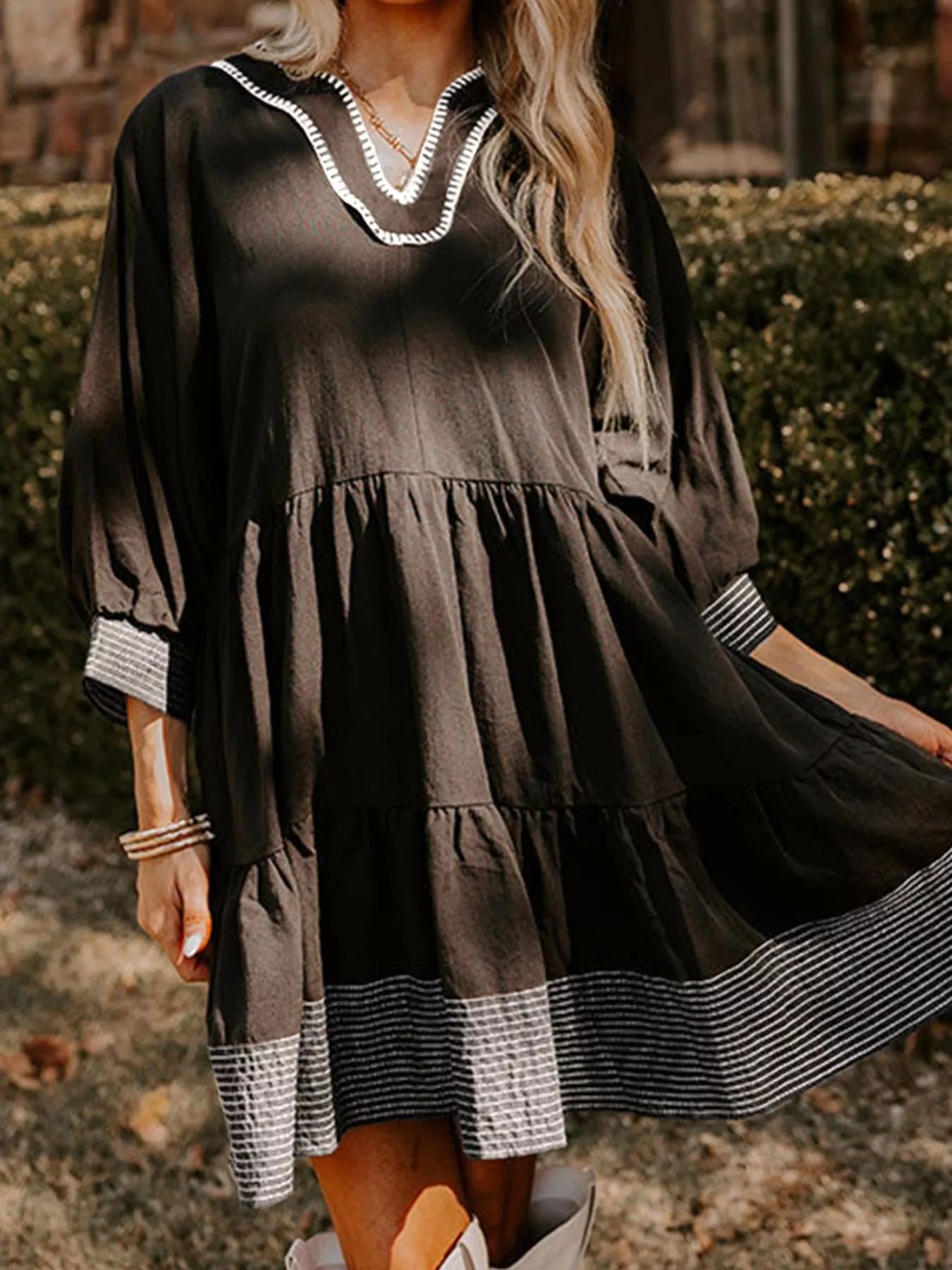 Striped Hem 3/4 Sleeve Tiered Dress
