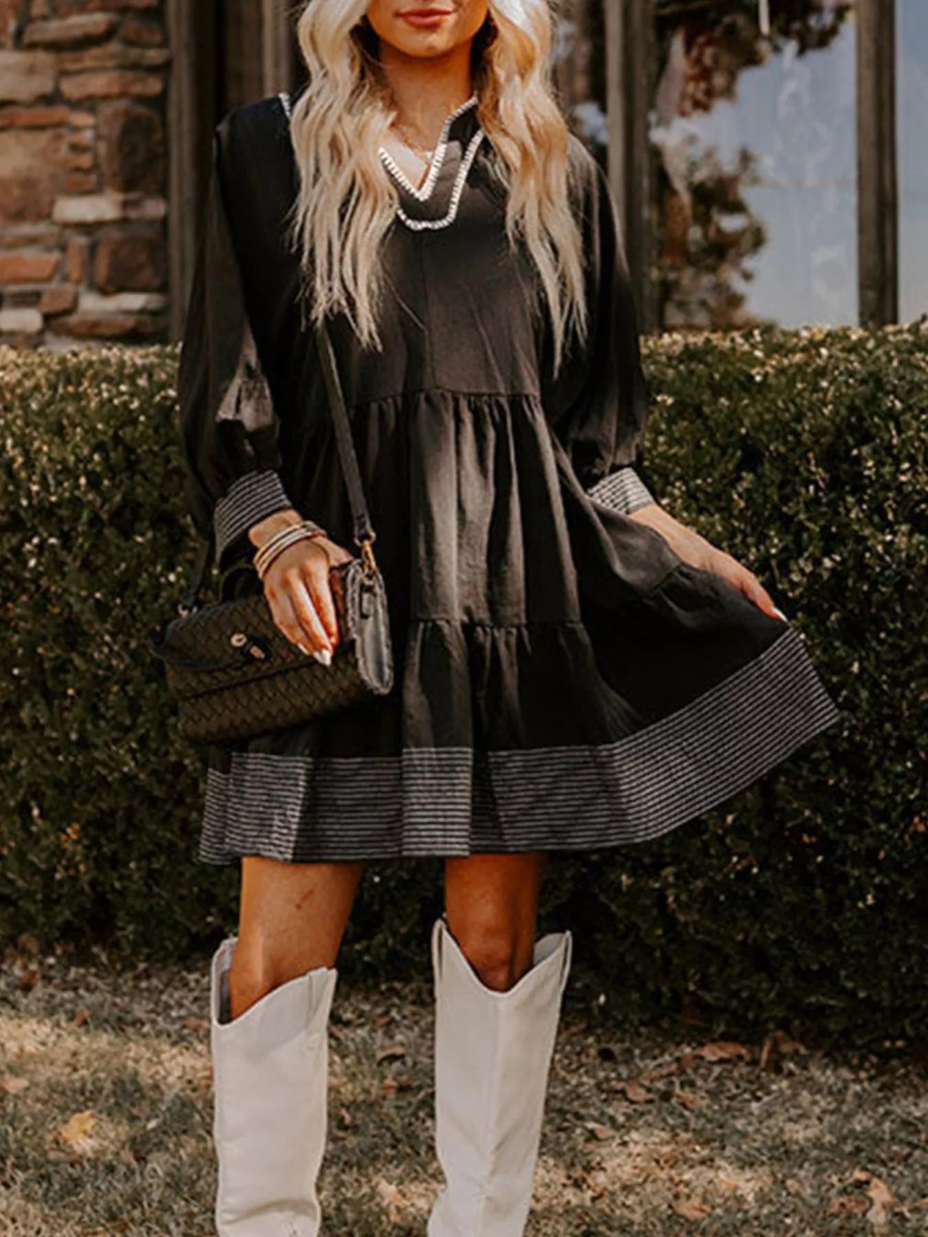Striped Hem 3/4 Sleeve Tiered Dress