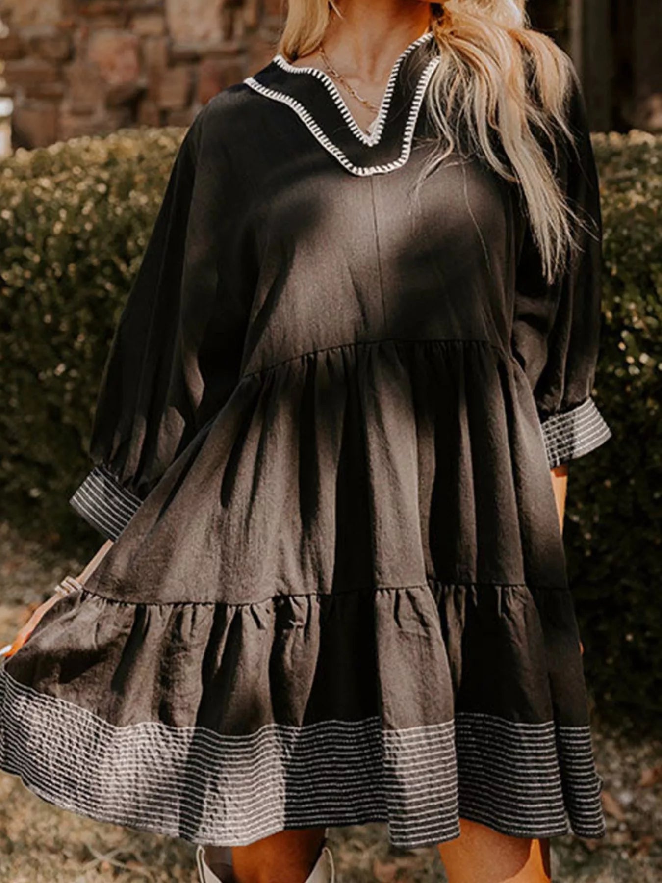 Striped Hem 3/4 Sleeve Tiered Dress