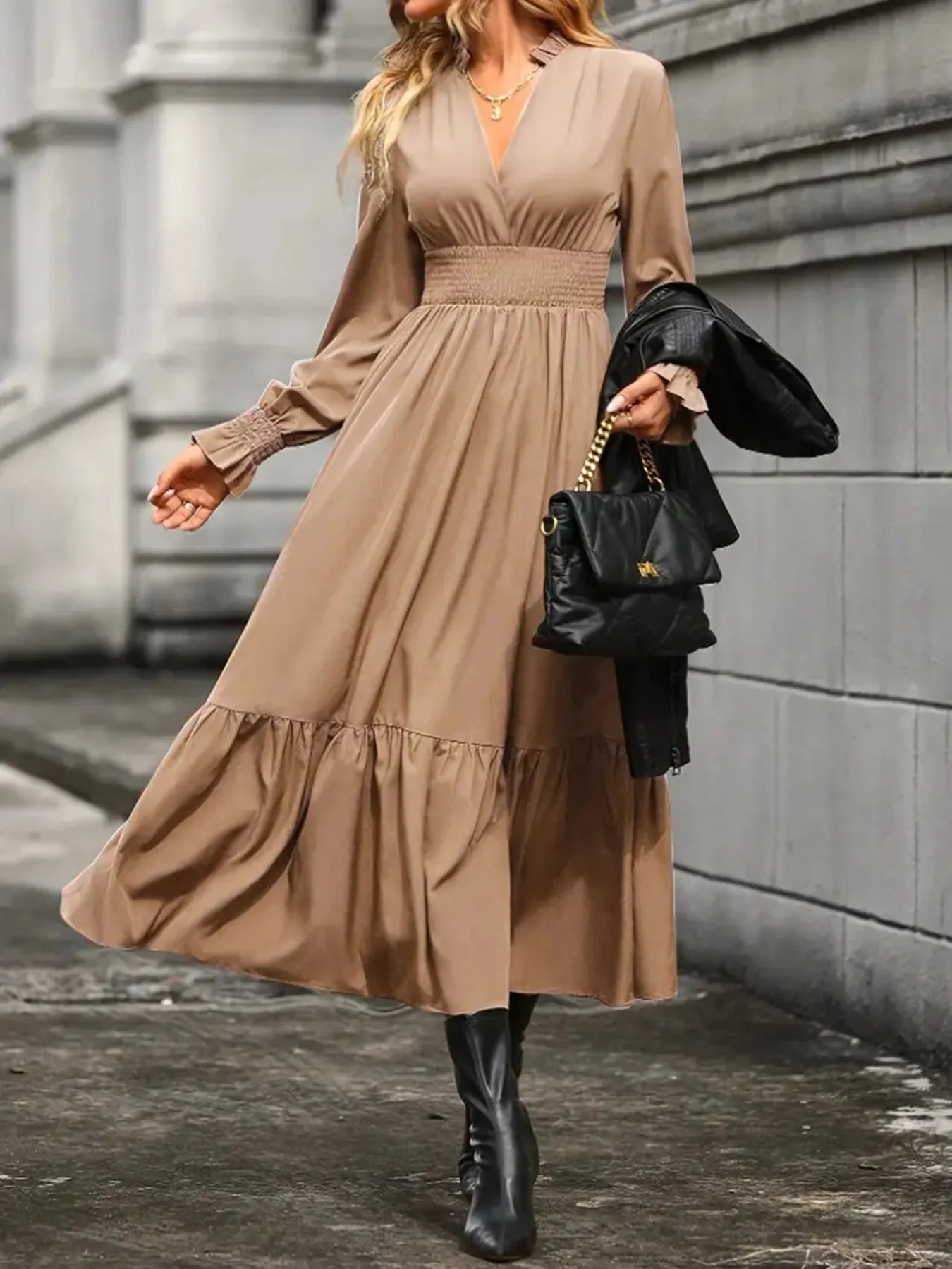 Notched Long Sleeve Tiered Dress