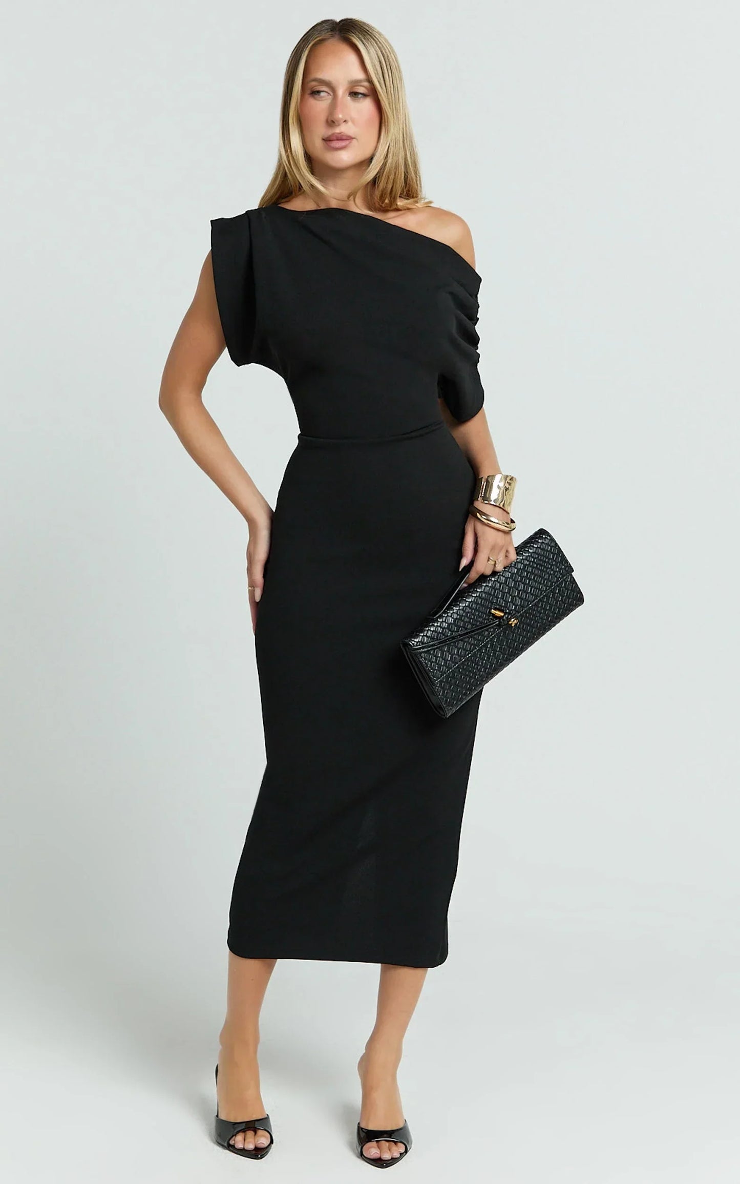 Nalfie Midi Dress - Tipped Shoulder Jersey Drape Dress in Black