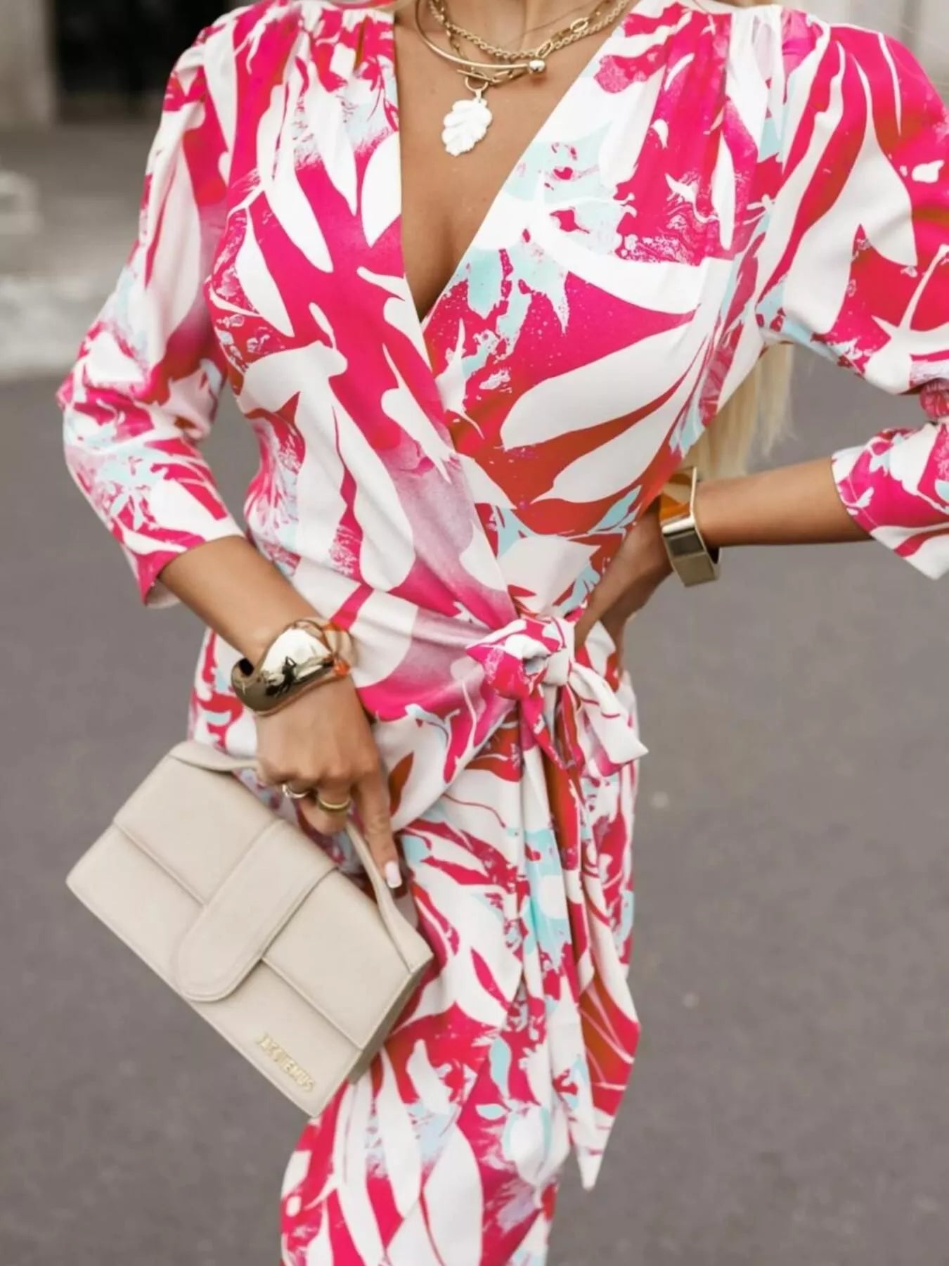 Printed Surplice Long Sleeve Wrap Dress