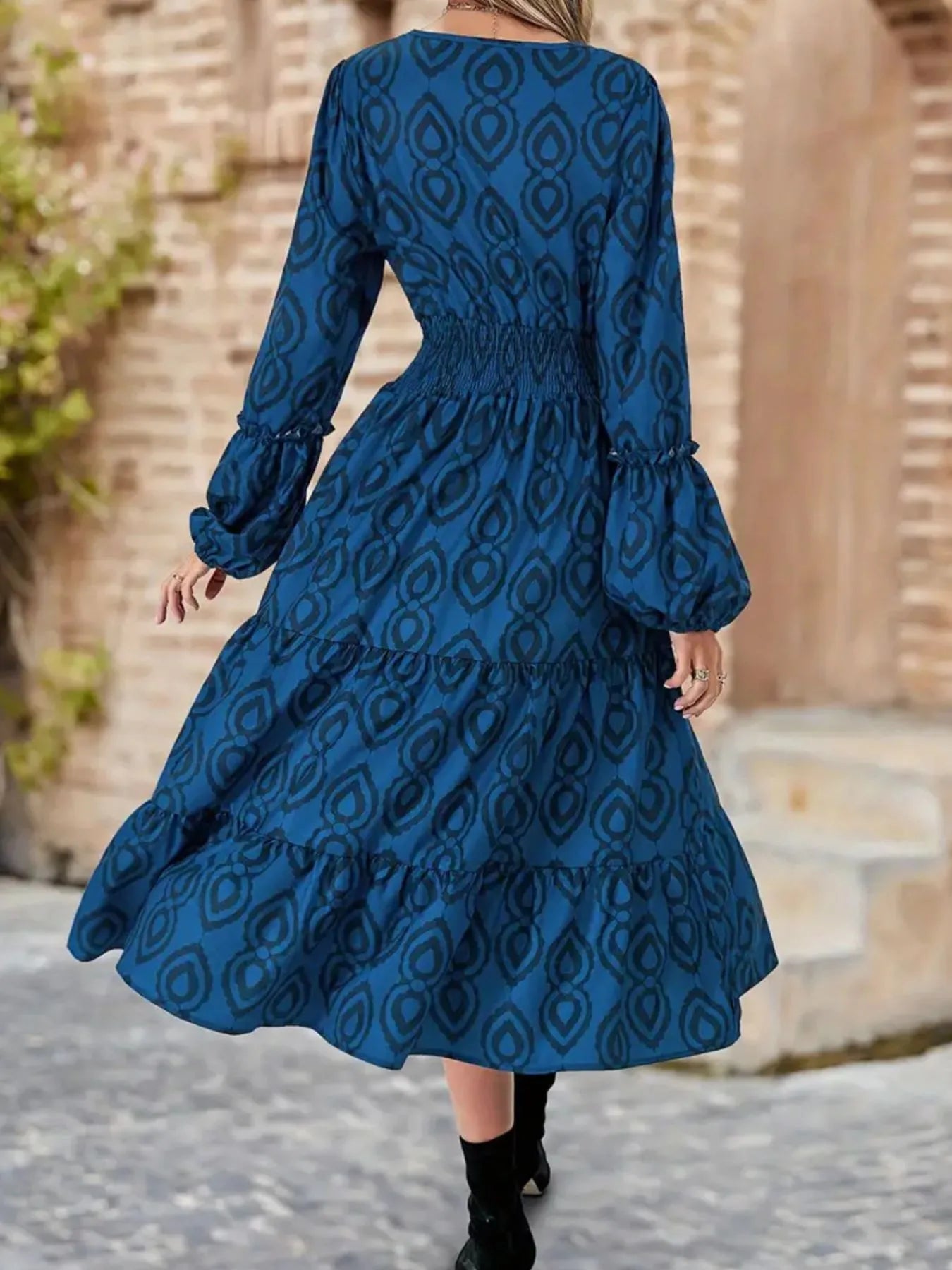 Printed Round Neck Balloon Sleeve Dress