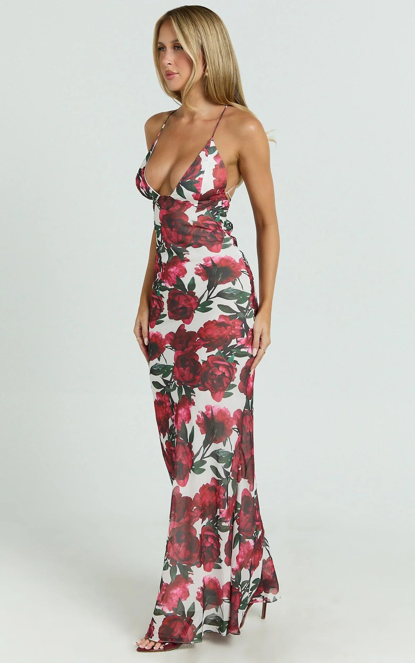 Lenny Maxi Dress - Bias Slip Lace Up Back Dress in Rose Blanca Floral
