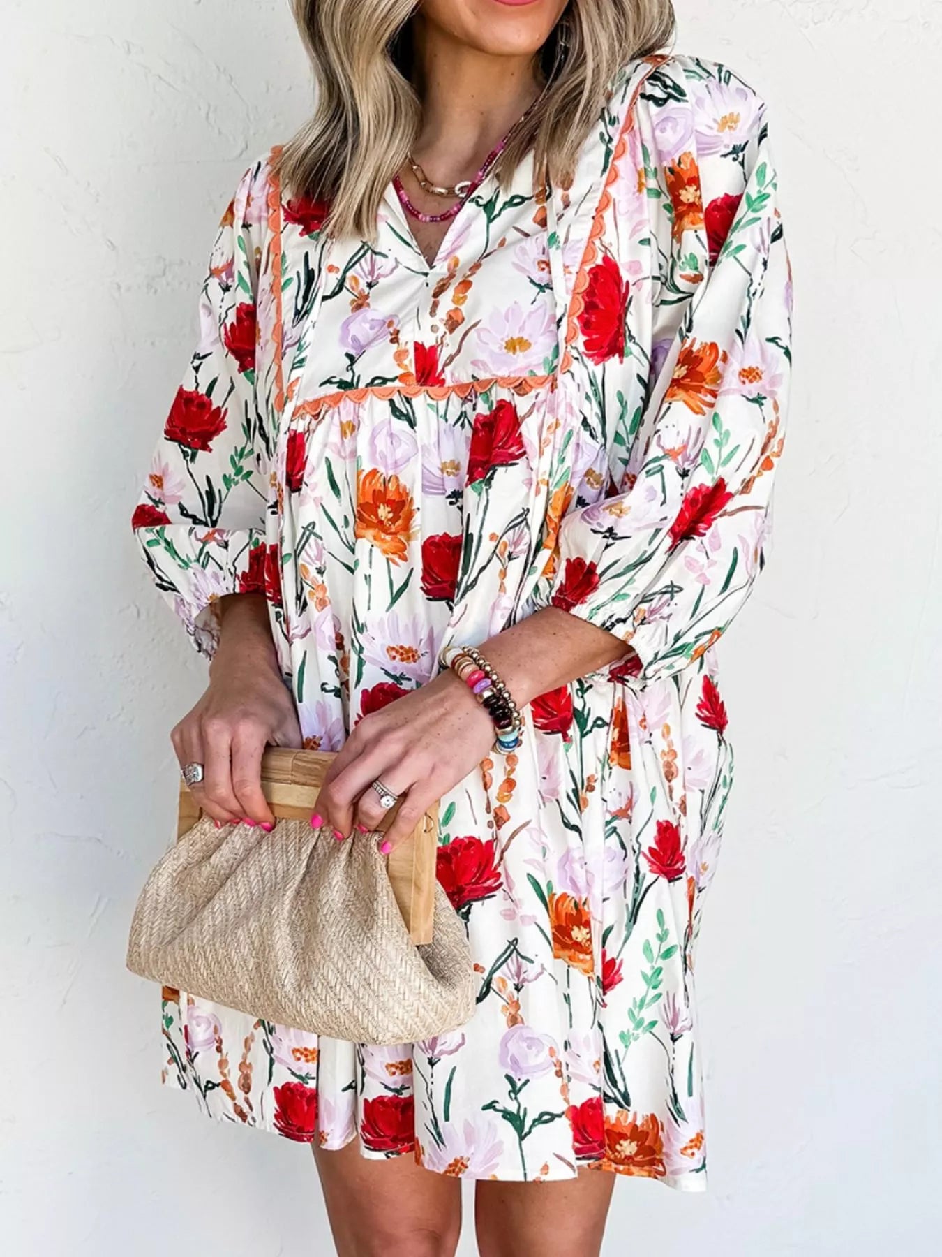 Floral Print 3/4 Sleeve Mini Dress