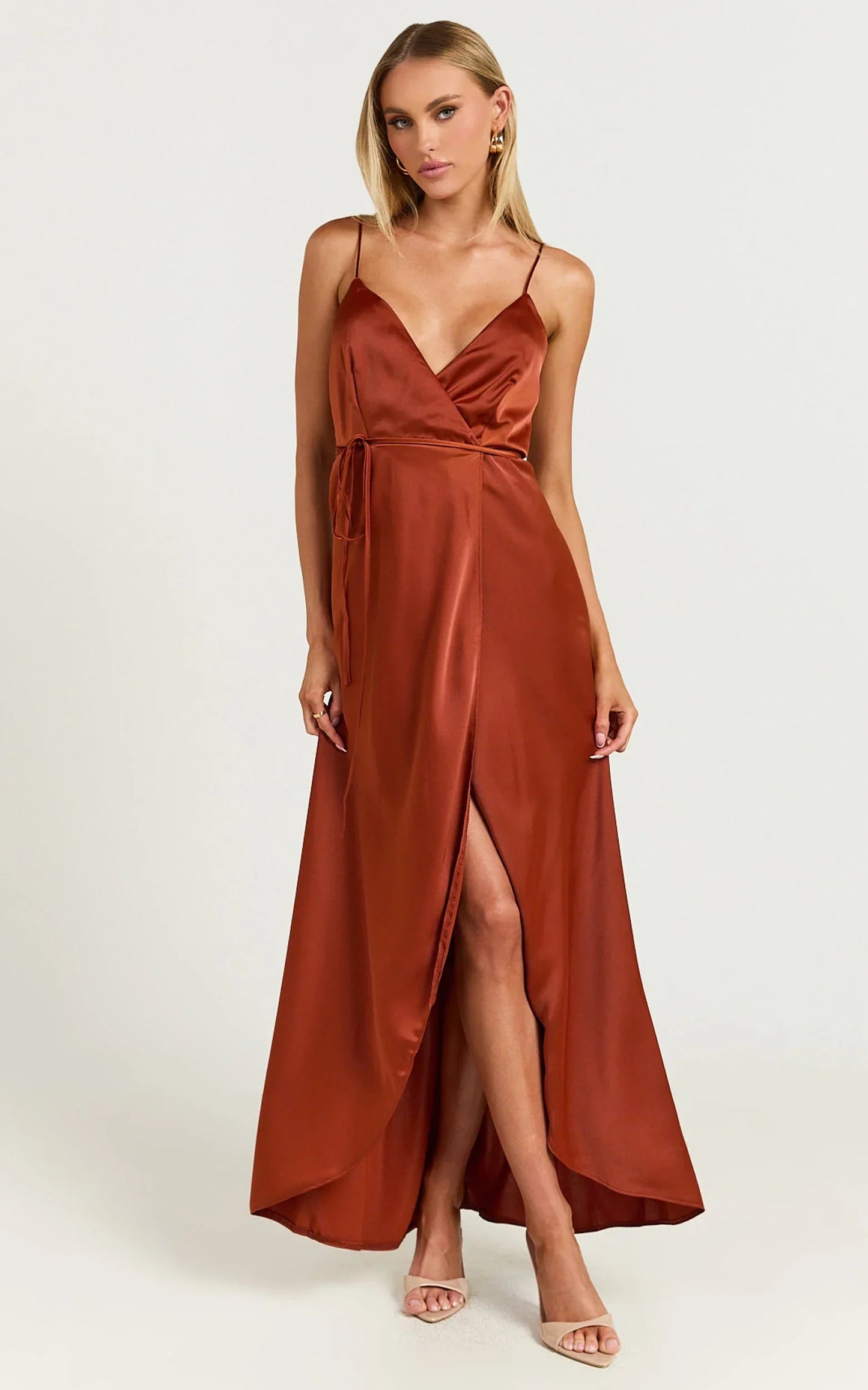 Mine Would Be You Midi Dress - Wrap Dress in Copper Satin