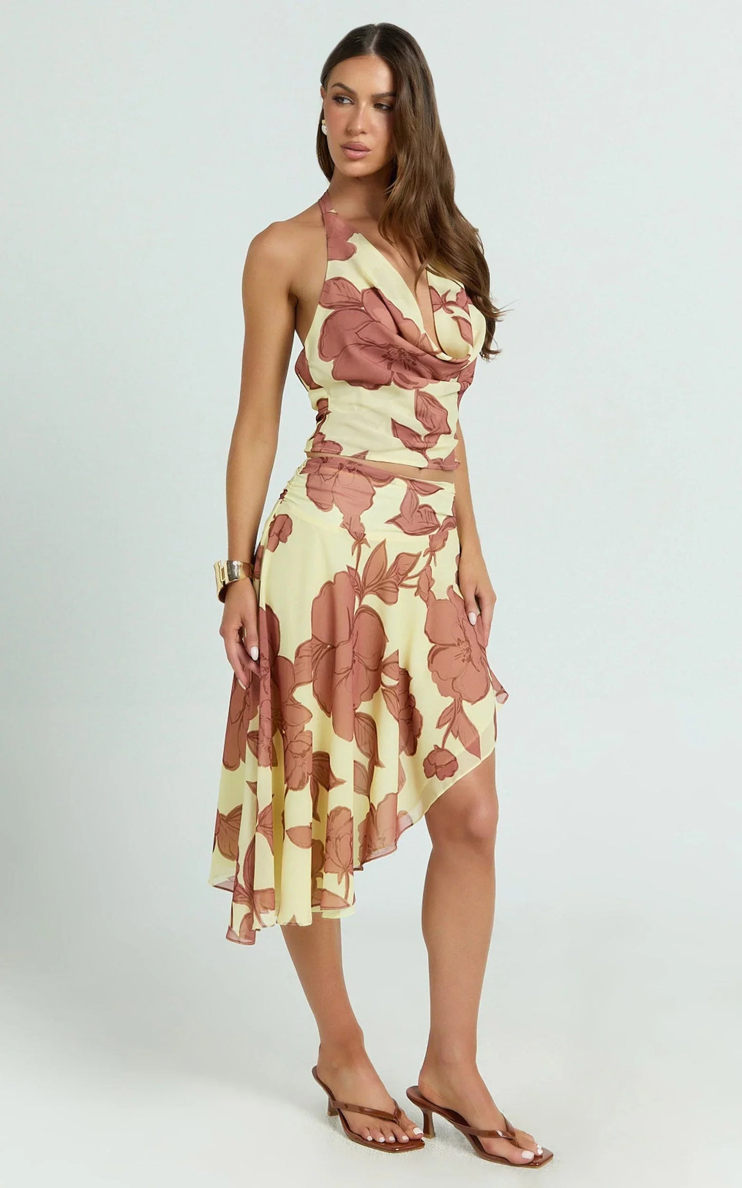 Malik Midi Skirt - Georgette Ruched Waist Asymmetric Skirt in Lemon Bouquet Di Fiori Print