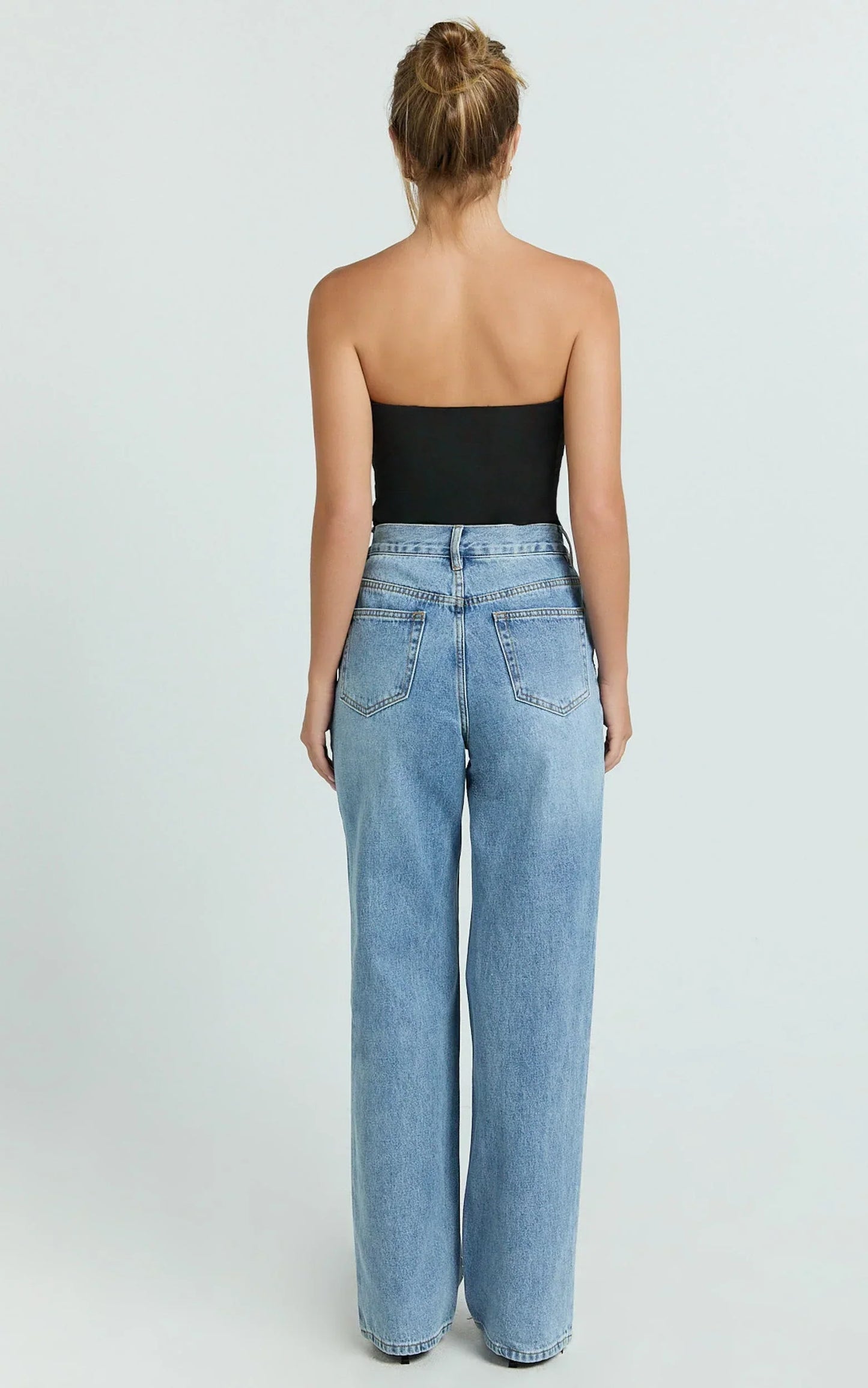 Leauna Jeans - Rhinestone Embellished High Waist Wide Leg Jeans in Mid Blue Wash