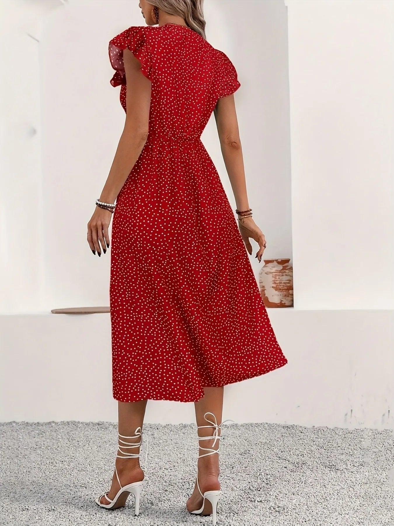 Button-Front Midi Dress with Ruffle Sleeves