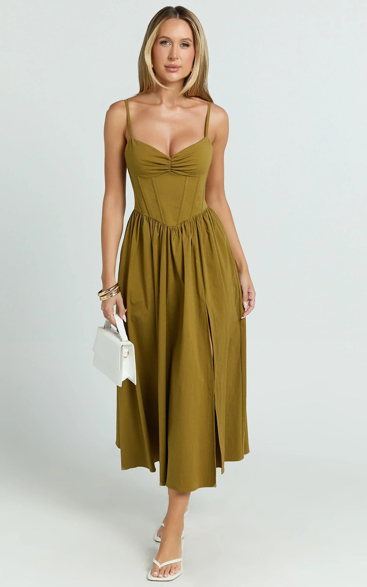 Maddie Midi Dress - Sweetheart Fit And Flare Gathered Dress in Khaki