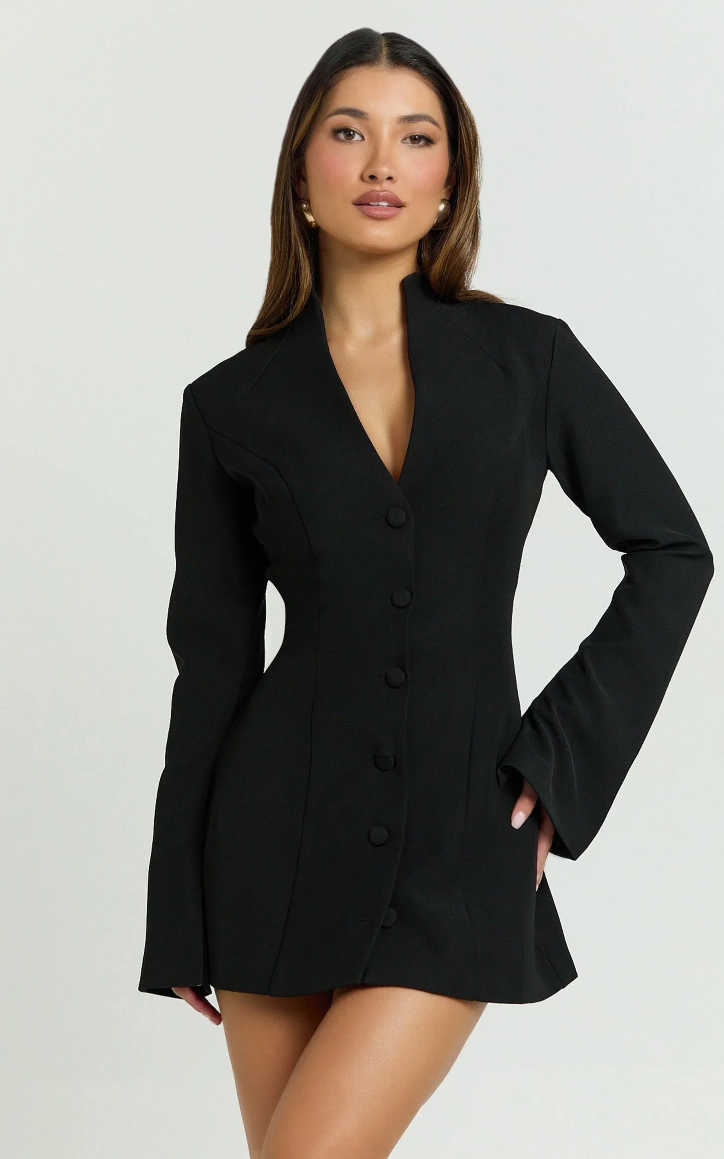 Layton Mini Dress - V Neck Long Sleeve Button Front Tulip Skirt Dress in Black