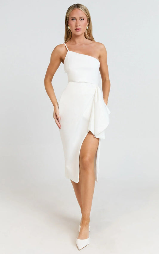 Marcelita Midi Dress - One Shoulder Drape Detail Faux Wrap Dress in White