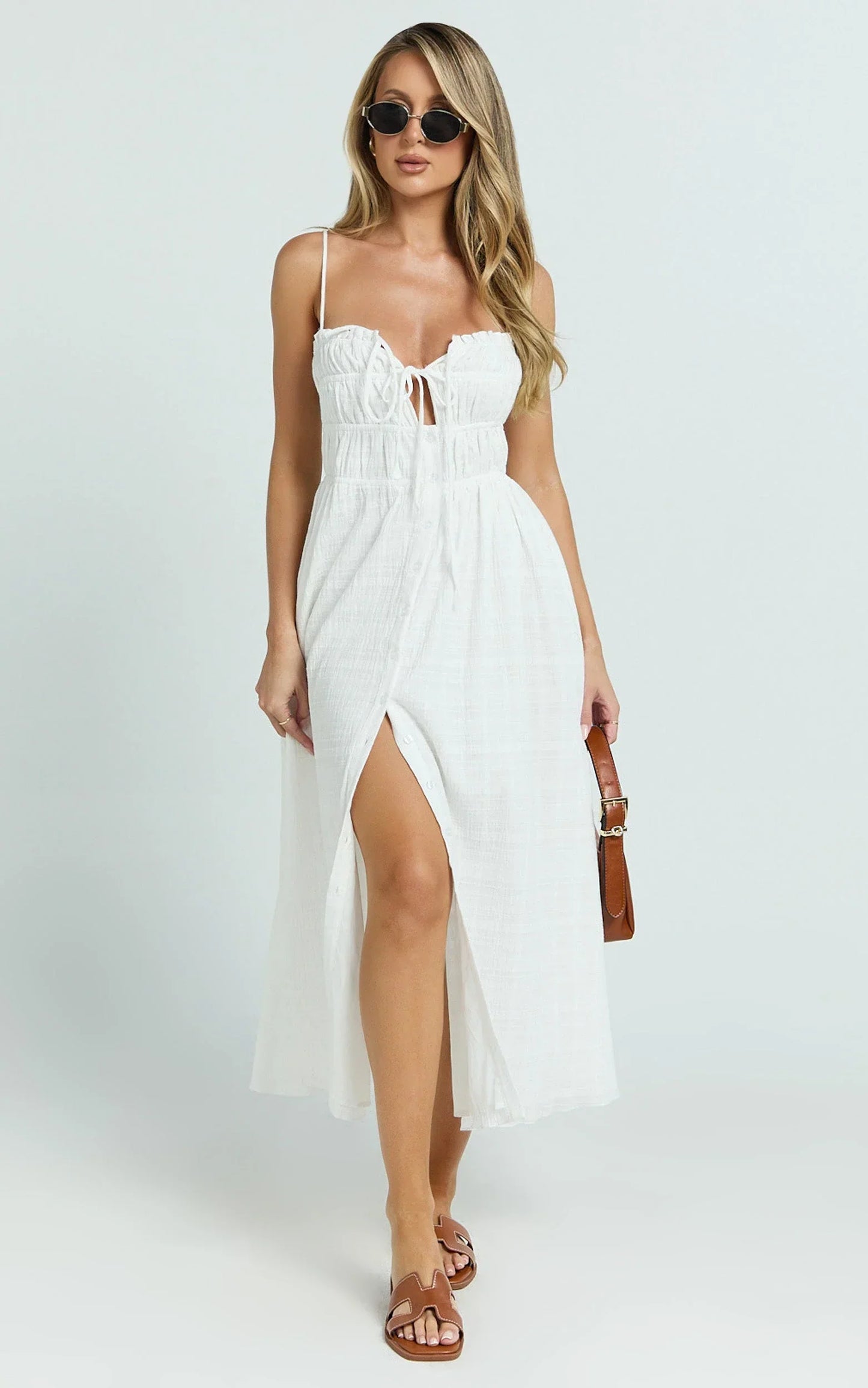 Lucienne Midi Dress - Ruched Button Up Front Dress in White
