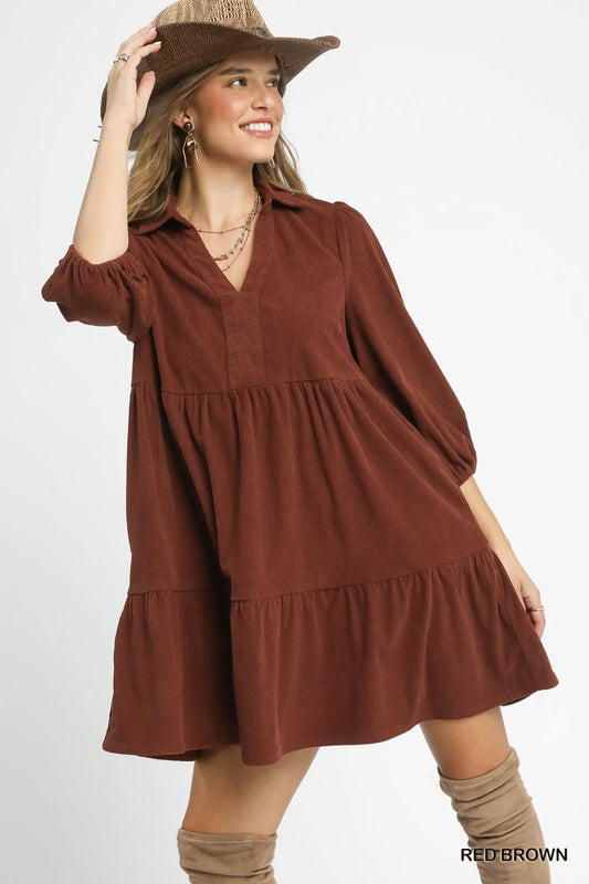 Umgee Tiered Corduroy Mini Dress with Balloon Sleeves