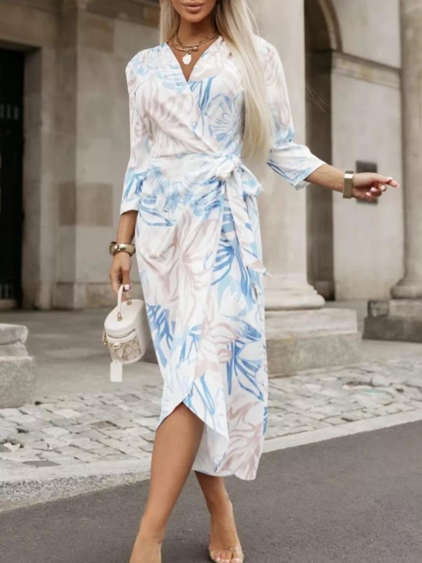 Printed Surplice Long Sleeve Wrap Dress