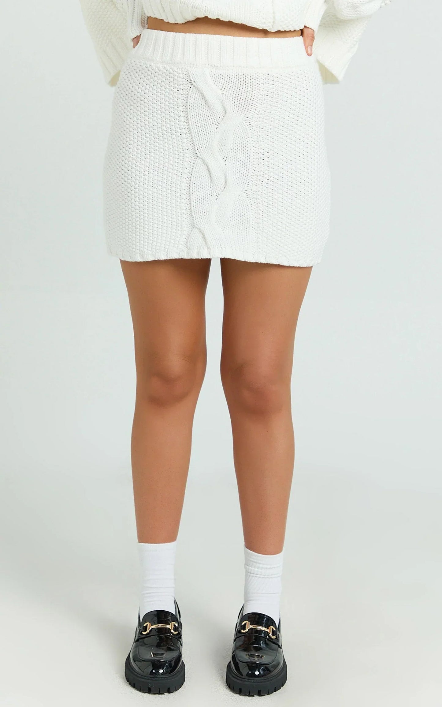 Marge Mini Skirt - High Waisted Cable Knit Mini Skirt in White