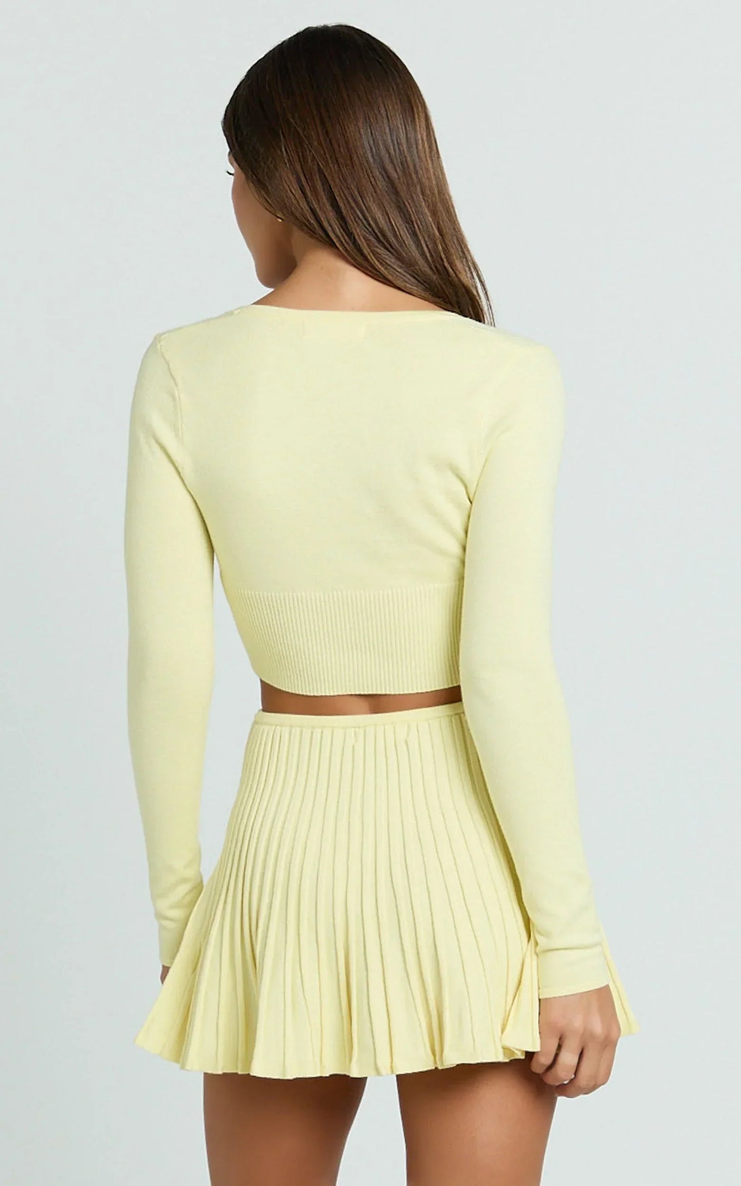 Naomi Two Piece Set - Contrast Knit Button Up Long Sleeve And Pleated Mini Skirt in Lemon