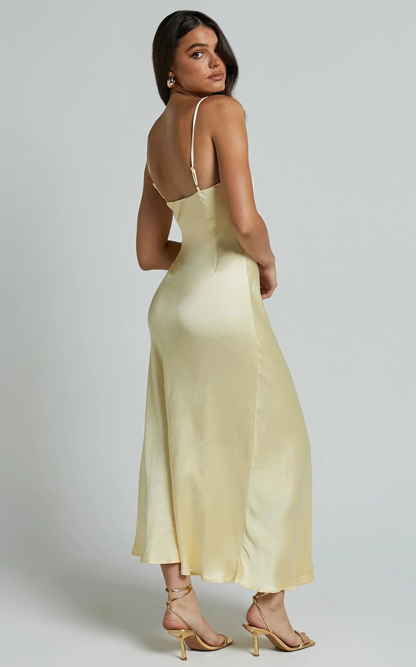 Lorenzia Maxi Dress - Plunge Corset Underbust Detail Satin Dress in Lemon