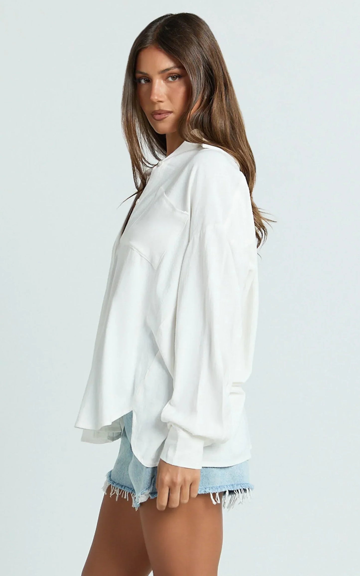 Leanne Top - Button Down Linen Blend Long Sleeve Shirt in White