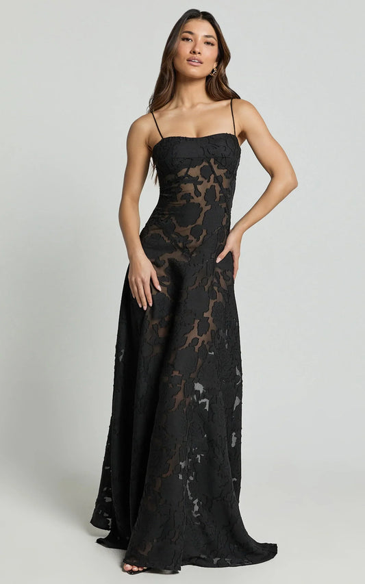 Lily Maxi Dress - Sheer Jacquard Maxi Dress in Black