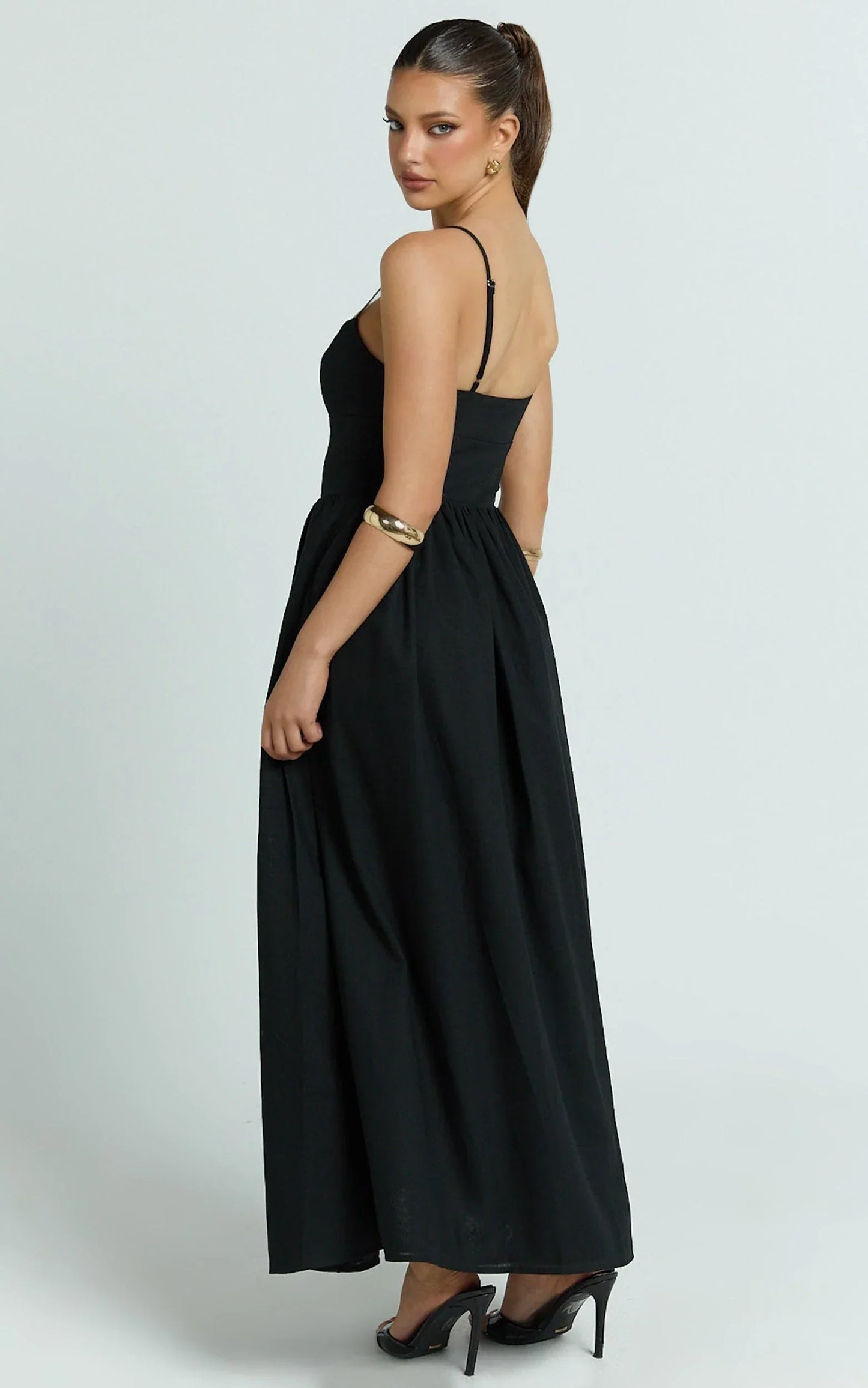 Morris Midi Dress - Linen Scoop Neck Gathered Dress in Black
